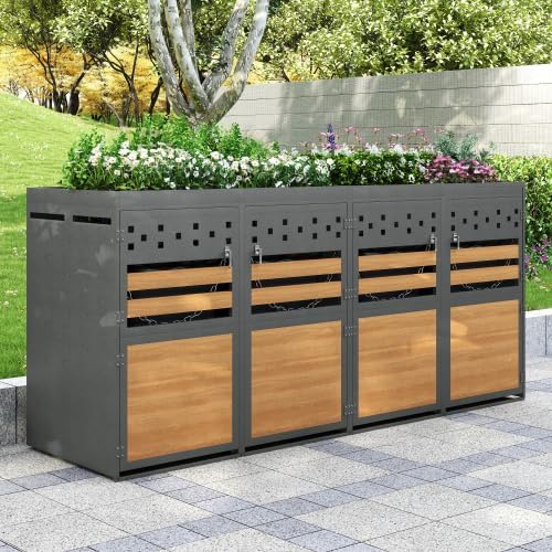 Merax Mülltonnenbox 4er Set mit Pflanzdach, für 120-240 Liter, Anthrazit Tür in Holzoptik, Erweiterbar, Garten Aufbewahrungsbox für Mülltonnen