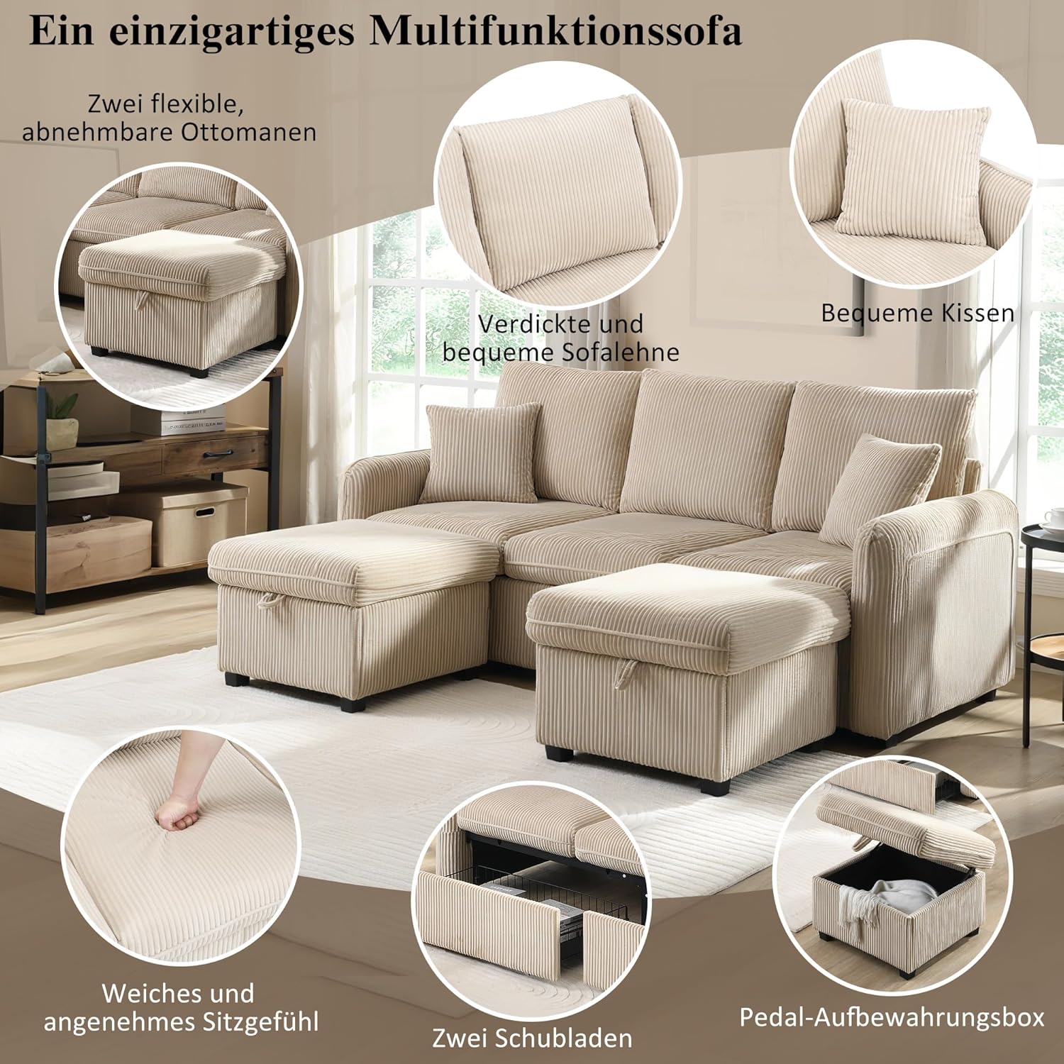 Merax Multifunktionales Ecksofa, 3-Sitzer Polster-Sofa mit Schlaffunktion, mit 2 Staufunktion Hocker, mit 2 Schubladen, modular zerlegbar, Cord-Stoff, für kleine Wohnungen, Beige — Ansicht 3