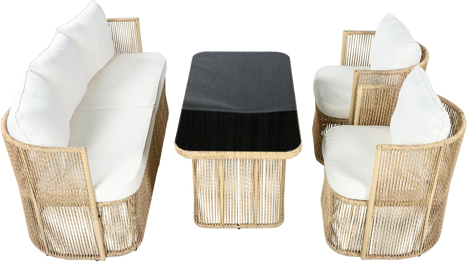 Merax PE Rattan Gartenmöbel Set, mit 3-Sitzer Sofa, 2 Sesseln und Glastisch, Outdoor Lounge Set mit 8 cm Sitzkissen, Stahlrahmen, für Terrasse und Balkon, Beige und Schwarz — Ansicht 4