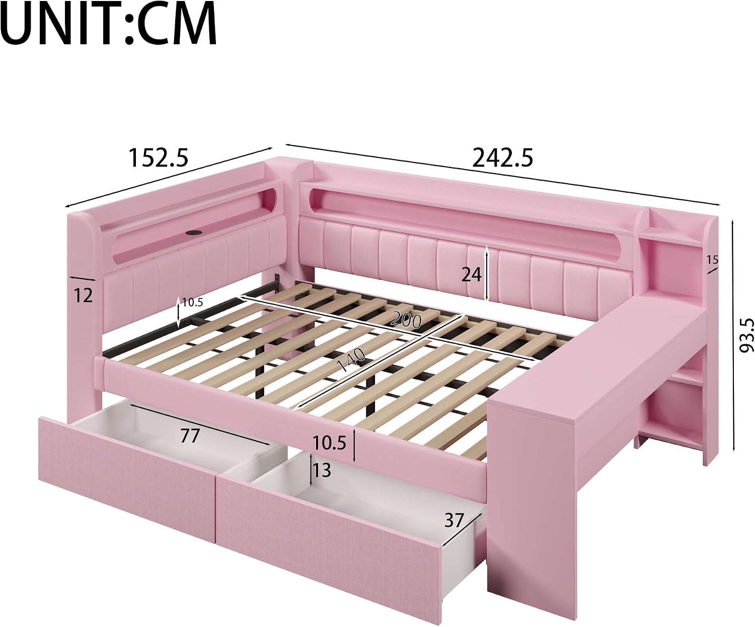 Merax Polsterbett 140x200 cm Daybed mit Schreibtisch, LED-Beleuchtung 7 Farben, USB-Ladeanschluss, 2 Schubladen Stauraum, Tagesbett Bettgestell Holzrahmen mit Lattenrost, Rosa, ohne Matratze — Ansicht 2