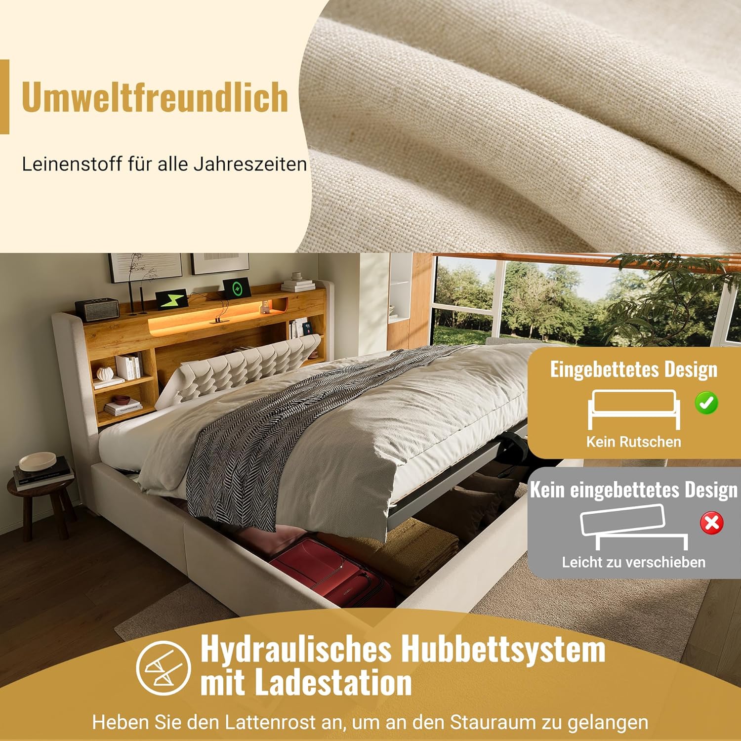 Merax Polsterbett 140x200 cm, Hydraulisches Stauraumbett mit LED und Steckdosen, Jugendbett Betten mit Stauraum Kopfteil, Doppelbett mit USB/Type-C, Lattenrost, Leinenstoff, Ohne Matratze, Beige — Ansicht 5