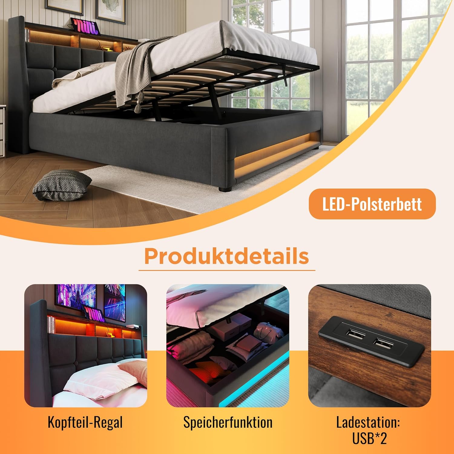 Merax Polsterbett 140x200cm, Doppelbett mit Bettkasten und Lattenrost, Stauraum Kopfteil mit LED & USB Ladefunktion, Hydraulisch Stauraumbett Funktionsbetten, Leinen, Jugendbett, ohne Matratze, Grau — Ansicht 5