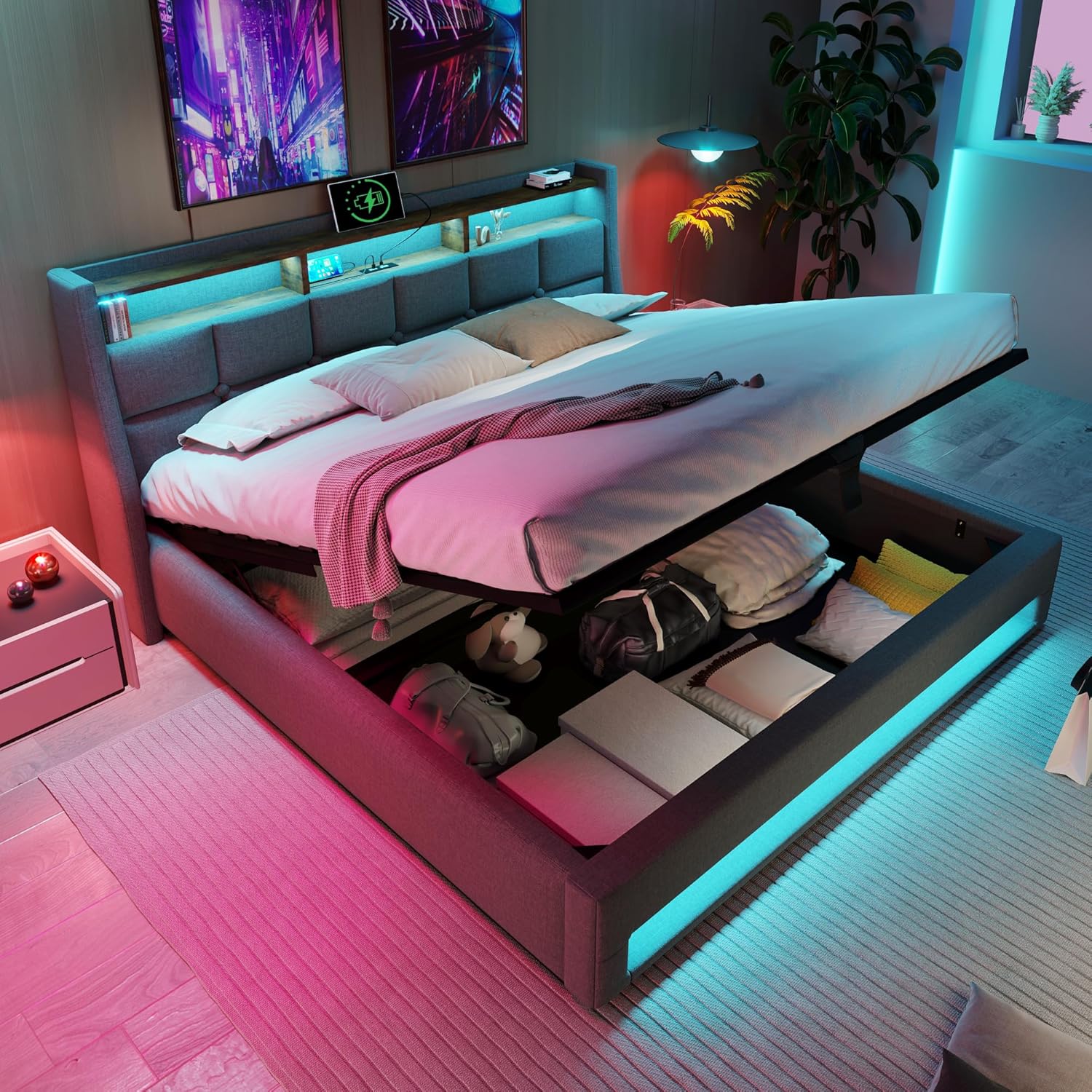 Merax Polsterbett 140x200cm, Doppelbett mit Bettkasten und Lattenrost, Stauraum Kopfteil mit LED & USB Ladefunktion, Hydraulisch Stauraumbett Funktionsbetten, Leinen, Jugendbett, ohne Matratze, Grau