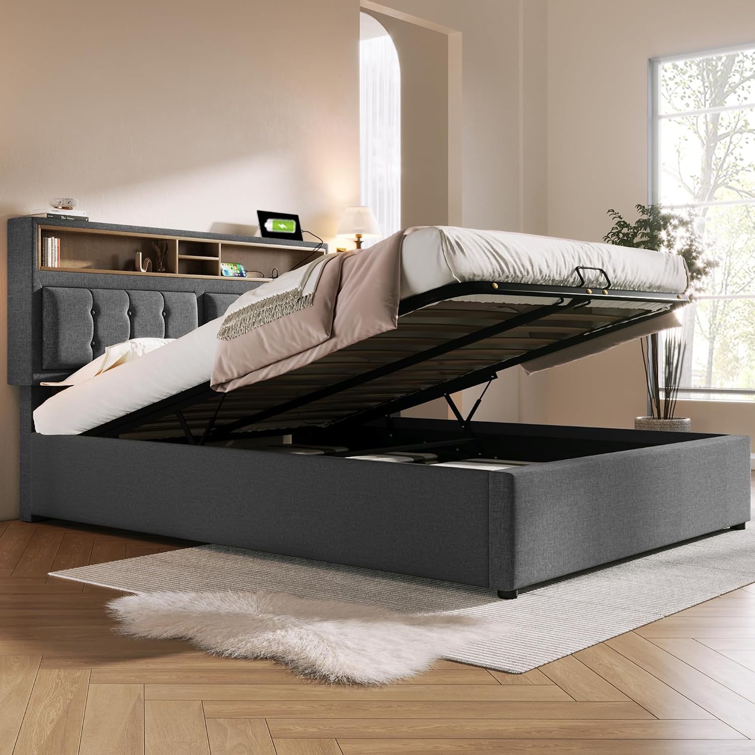 Merax Polsterbett 160x200cm mit USB C Steckdose, Hydraulisches Doppelbett mit Lattenrost & Verstellbares Stauraum Kopfteil, Funktionsbett, Bettgestell mit Bettkasten, Leinen, Ohne Matratze, Grau — Ansicht 3
