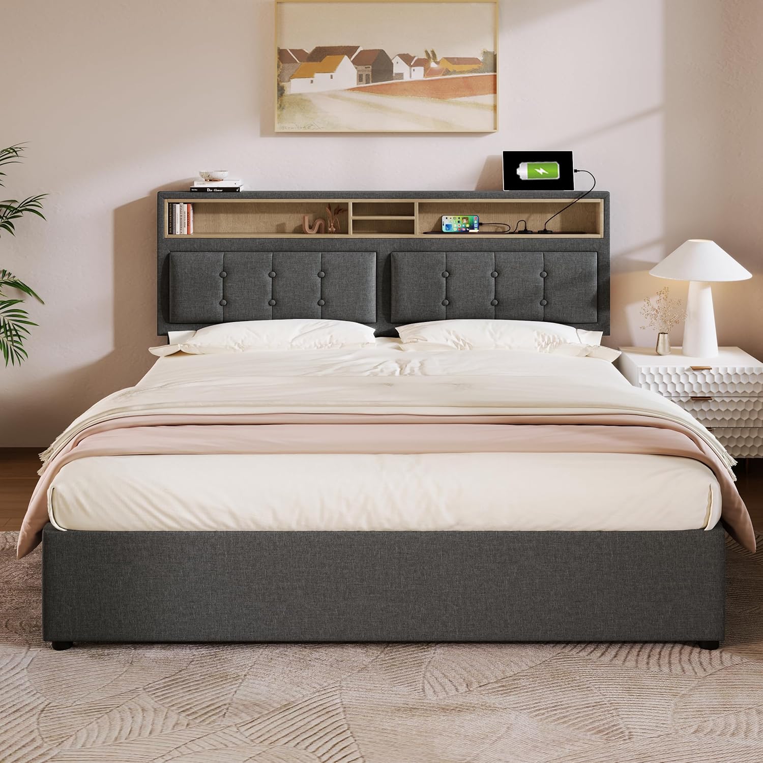 Merax Polsterbett 160x200cm mit USB C Steckdose, Hydraulisches Doppelbett mit Lattenrost & Verstellbares Stauraum Kopfteil, Funktionsbett, Bettgestell mit Bettkasten, Leinen, Ohne Matratze, Grau — Ansicht 4