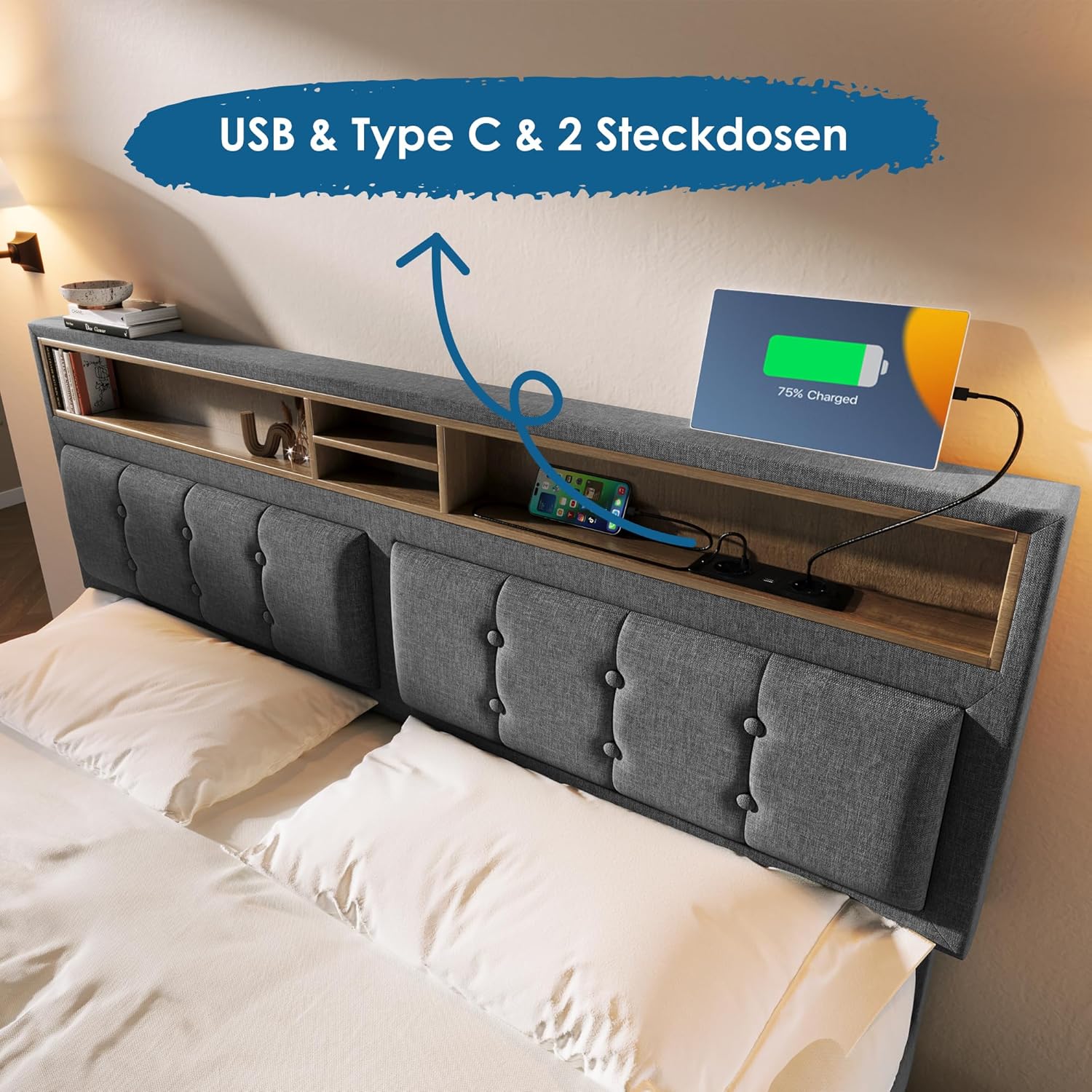 Merax Polsterbett 160x200cm mit USB C Steckdose, Hydraulisches Doppelbett mit Lattenrost & Verstellbares Stauraum Kopfteil, Funktionsbett, Bettgestell mit Bettkasten, Leinen, Ohne Matratze, Grau — Ansicht 5