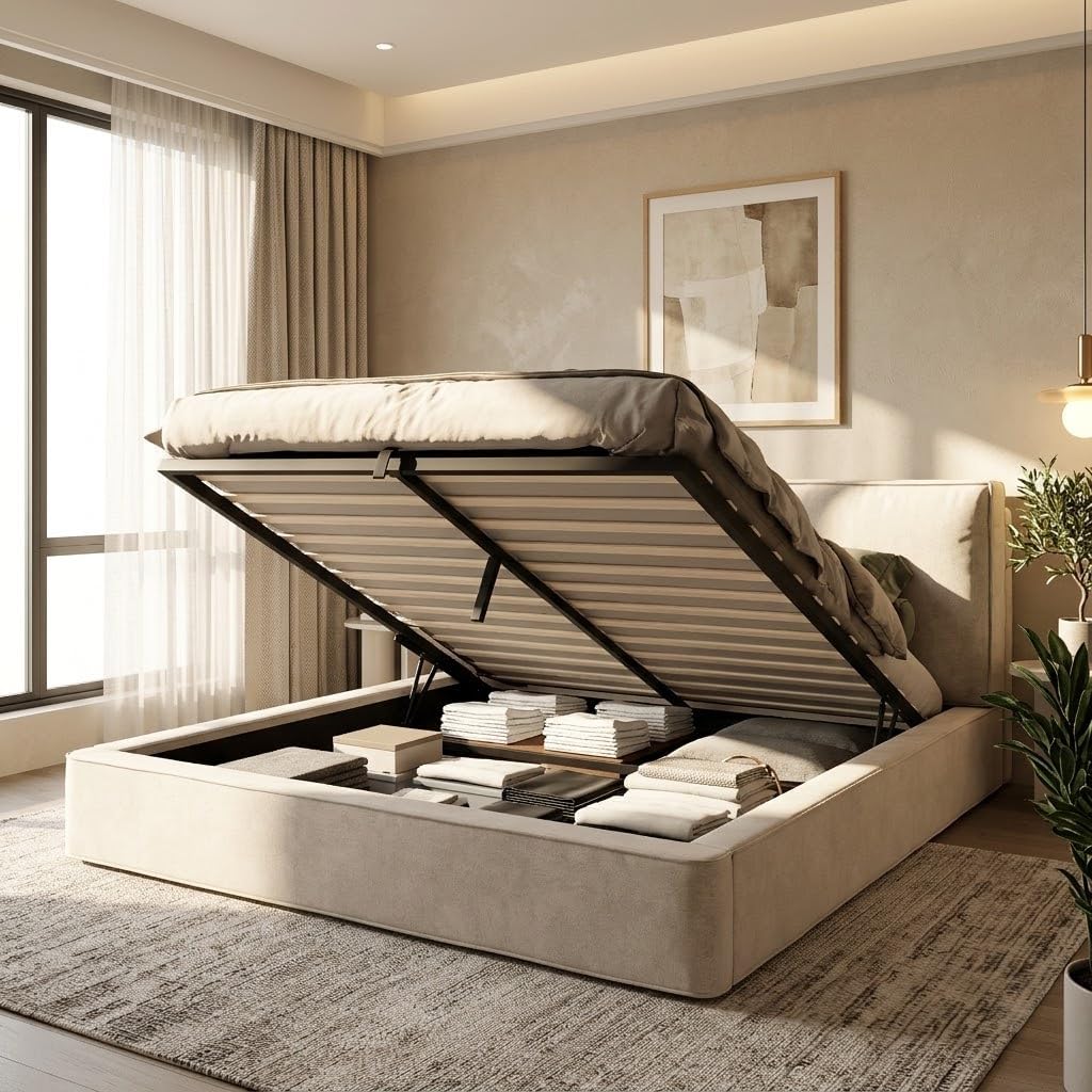 Merax Polsterbett 180x200 cm mit hydraulischem Stauraum, Doppelbett mit Lattenrost und Kopfteil, modernes Funktionsbett mit stabilem Rahmen und elegantem Design, Chenille-Stoff, Beige (ohne Matratze) — Ansicht 3