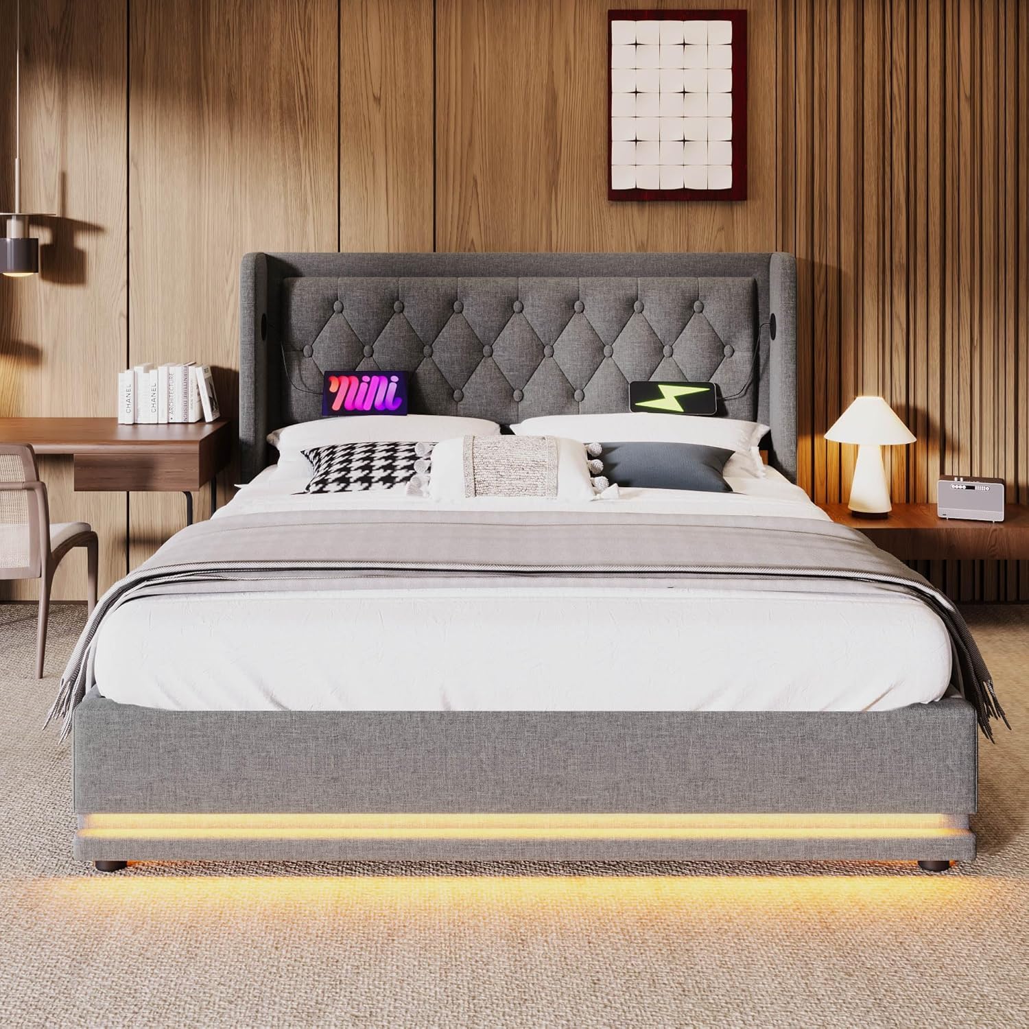 Merax Polsterbett 180x200cm, Doppelbett mit Stauraum und Lattenrost, LED Kopfteil mit USB C Ladefunktion, Hydraulisches Stauraumbett, Modern Funktionsbetten Bettgestell, Grau Baumwolle, Ohne Matratze — Ansicht 3