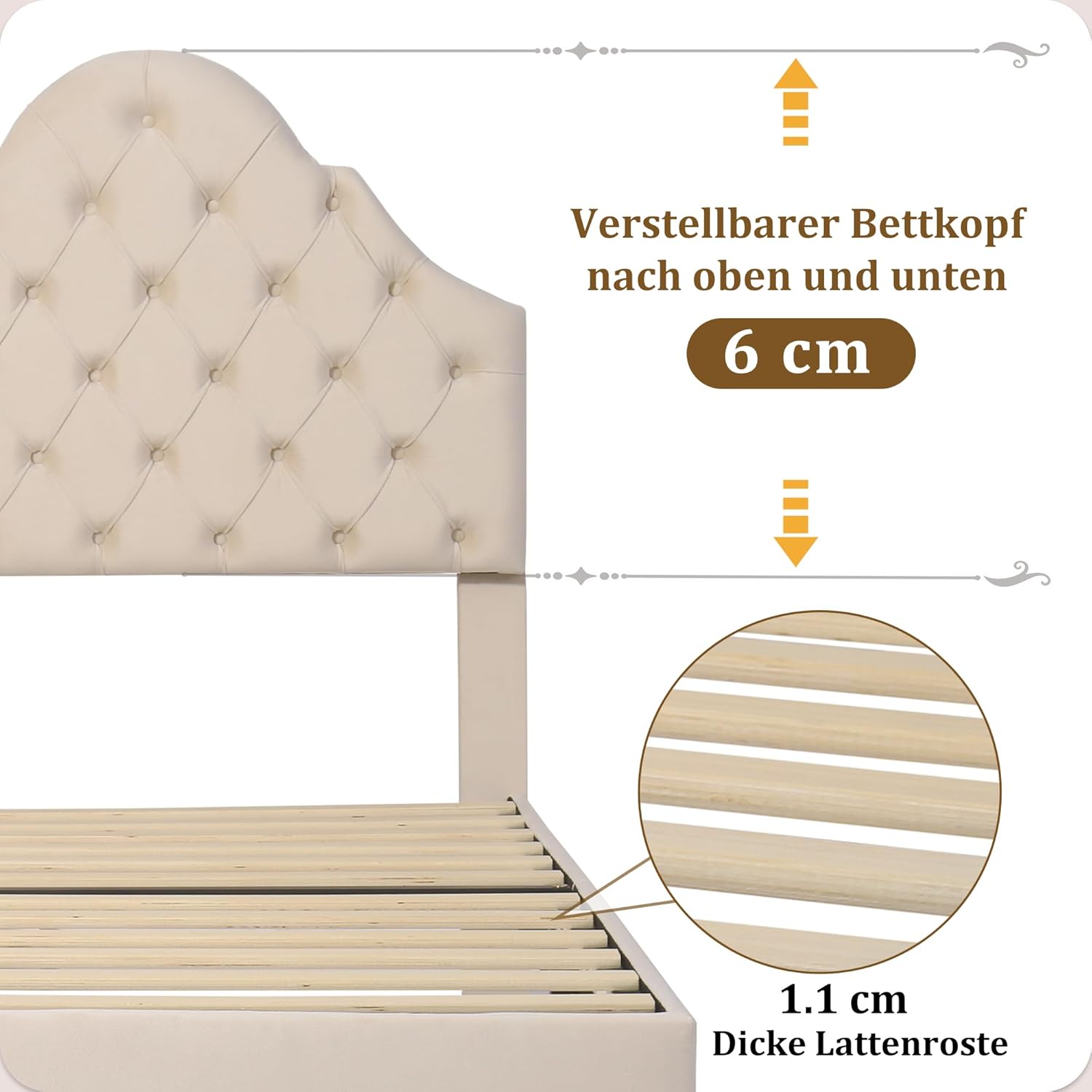 Merax Polsterbett 90x200 cm in Samtbeige mit Verstellbarem Kopfteil – Perfekt für Erwachsene & Jugendliche, Inklusive Lattenrost und Holzlattenunterstützung — Ansicht 6