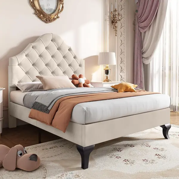 Polsterbett 90x200 cm in Samtbeige mit Verstellbarem