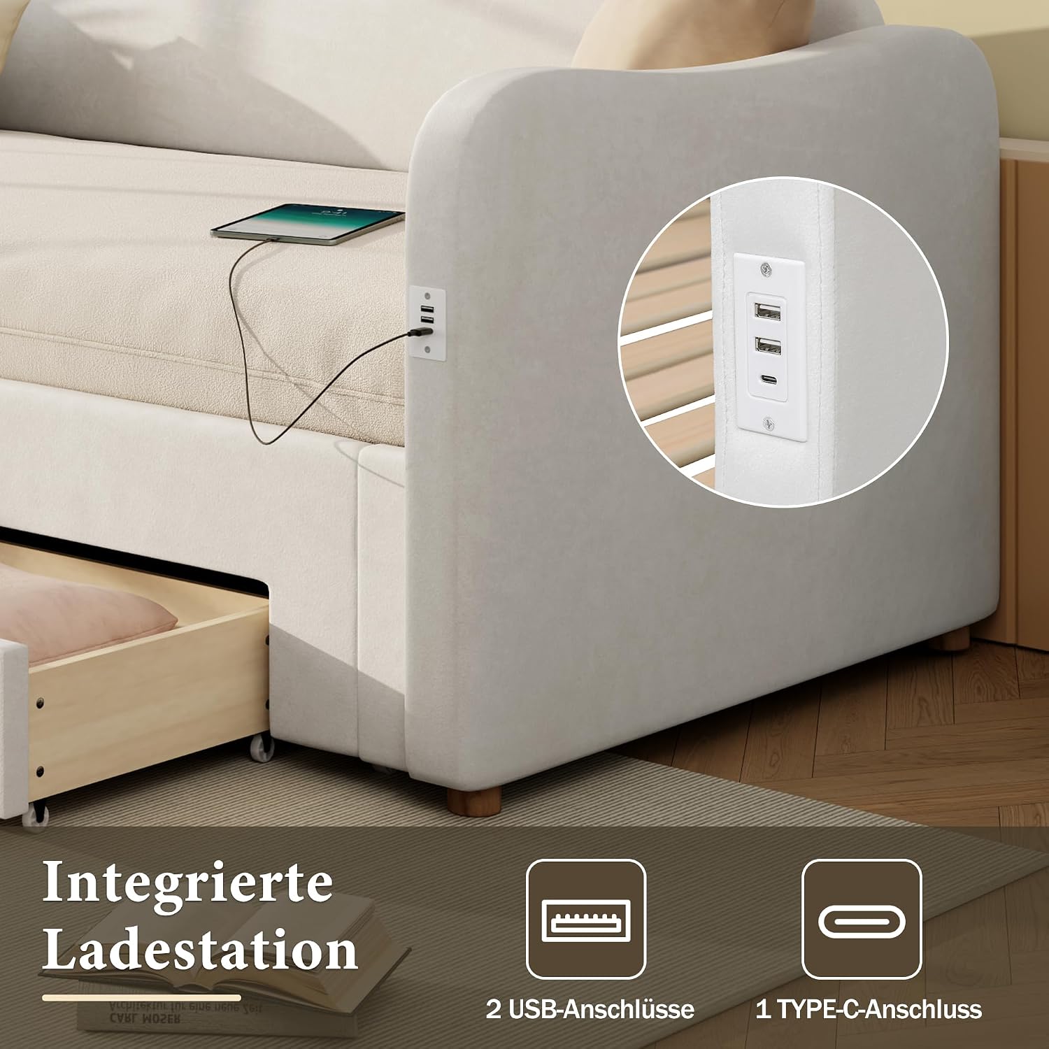 Merax Polsterbett Daybett 90x200 cm ausziehbar auf 180 cm, Tagesbett mit 2 Schubladen & USB-C Ladestation, Schlafsofa, platzsparendes Sofabett mit Tagbett-Funktion, Samt, Beige (ohne Matratze) — Ansicht 4
