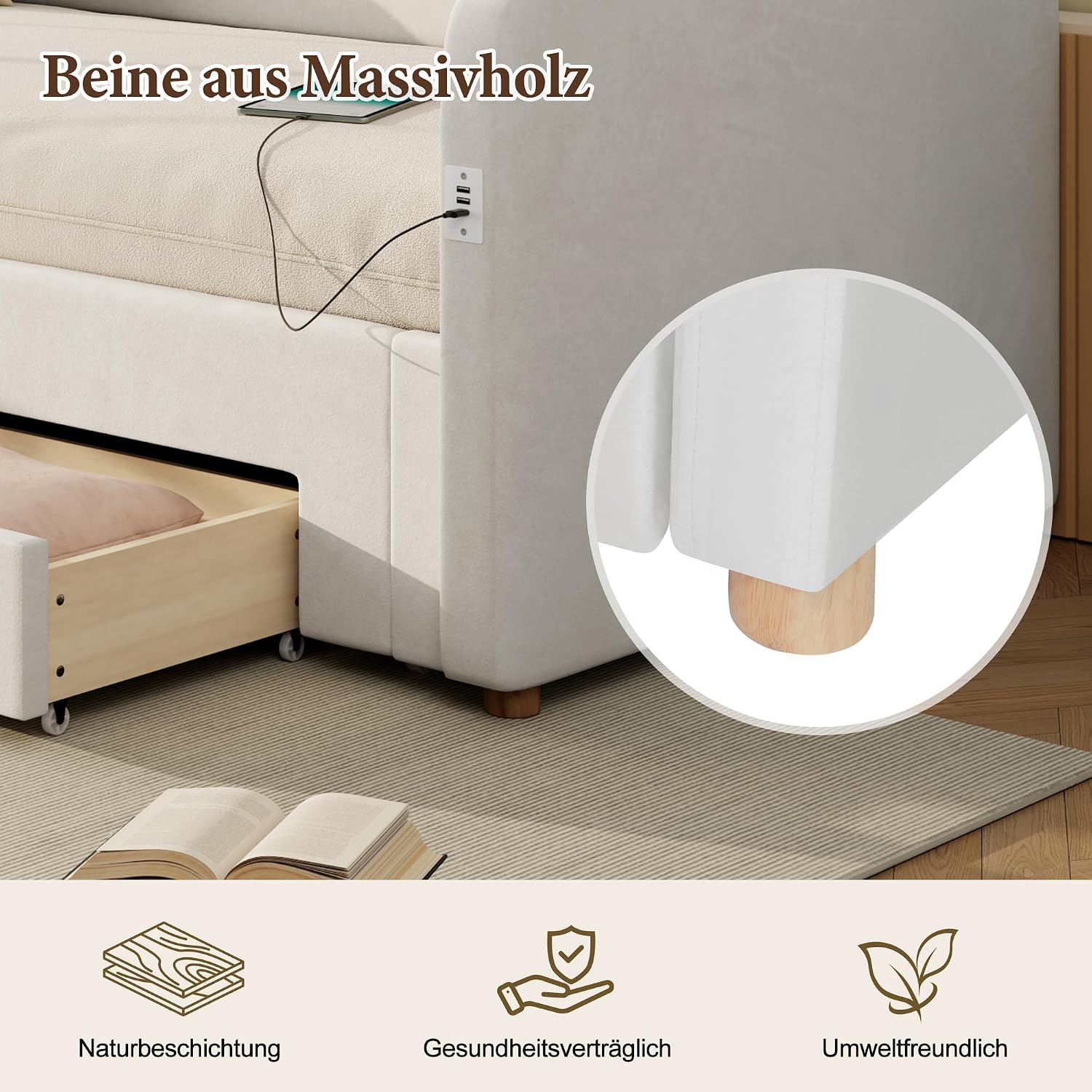 Merax Polsterbett Daybett 90x200 cm ausziehbar auf 180 cm, Tagesbett mit 2 Schubladen & USB-C Ladestation, Schlafsofa, platzsparendes Sofabett mit Tagbett-Funktion, Samt, Beige (ohne Matratze) — Ansicht 5