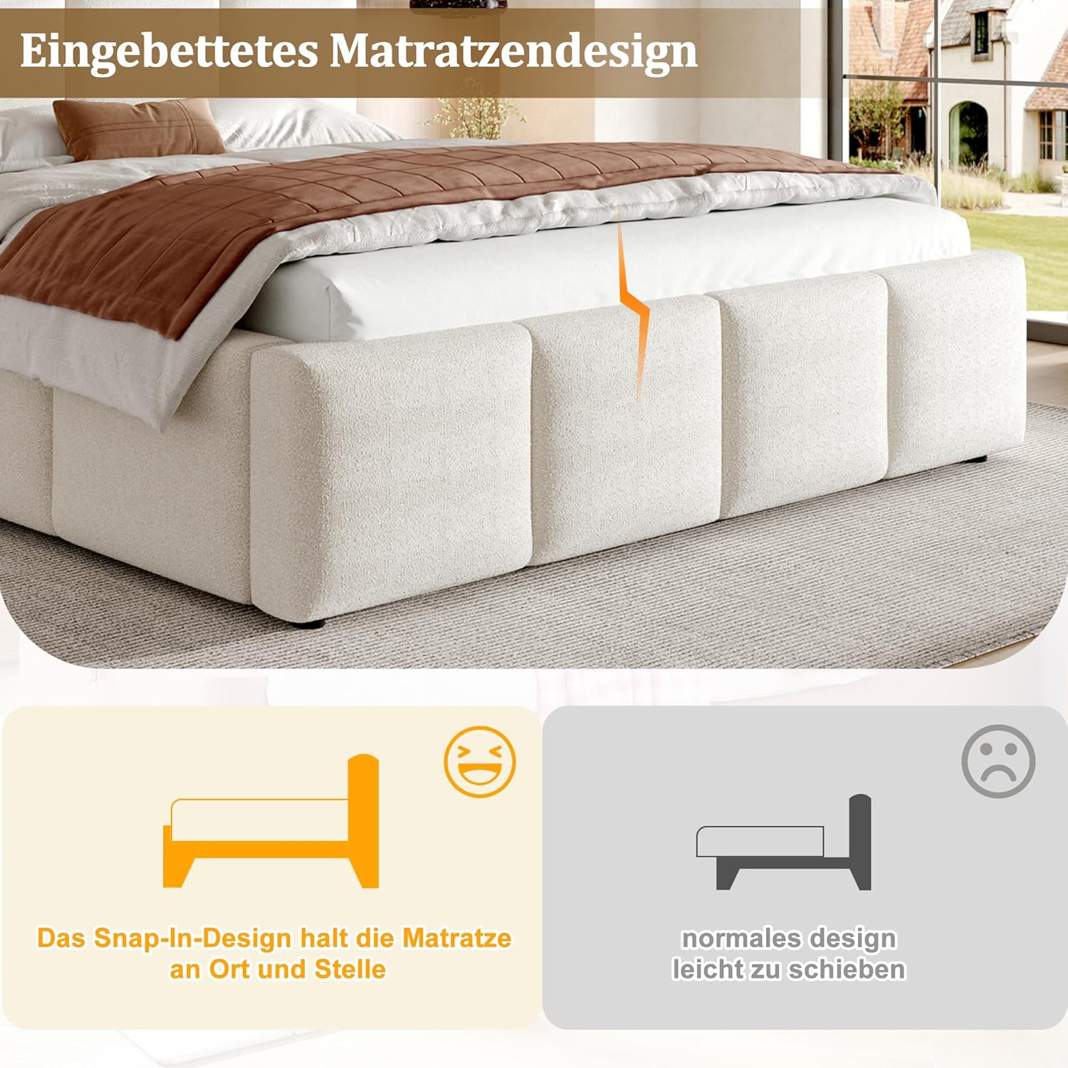 Merax Polsterbett Doppelbett 160x200 cm mit Lattenrost & gepolstertem Kopfteil, Bouclé-Stoff in Beige, 11 cm Dickes Kopfteil, eingebettete Struktur (ohne Matratze) — Ansicht 4
