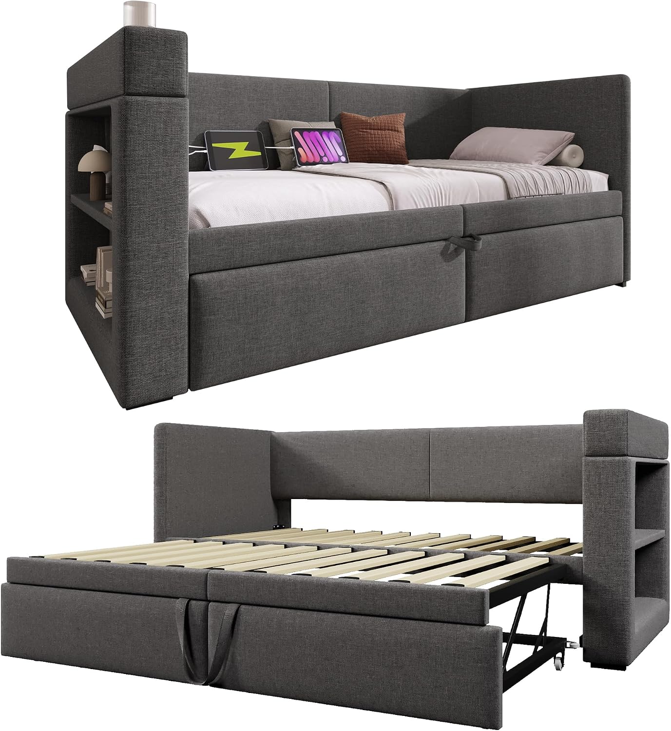 Merax Polsterbett Schlafsofa 90x200cm, Sofabett Einzelbett mit Ausziehbett, Tagesbett für Schlafzimmer Wohnzimmer, Armlehnen mit Ladefunktion & Getränkehalter, Leinen-Mischgewebe, ohne Matratze, Grau — Ansicht 6