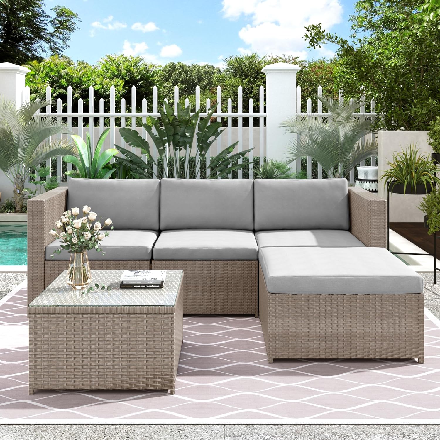 Merax Polyrattan Lounge, Gartenmöbel Set Balkonmöbel für 3-4 Personen, Gartenlounge, Sitzgruppe Outdoor mit Kissen und Glastisch, Terrassenmöbel, Ecksofa, für Garten Balkon und Terrasse, Khaki — Ansicht 2
