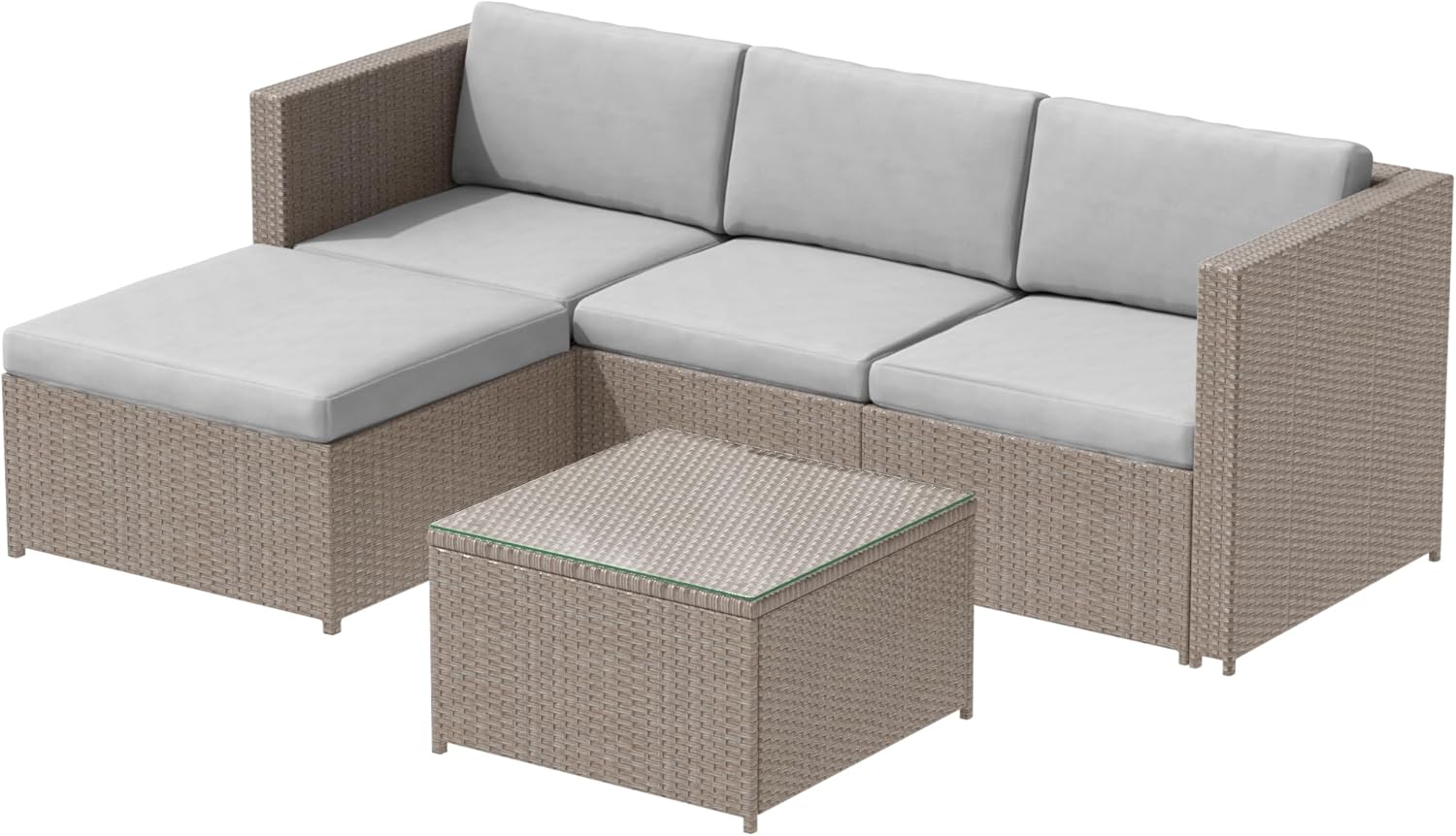 Merax Polyrattan Lounge, Gartenmöbel Set Balkonmöbel für 3-4 Personen, Gartenlounge, Sitzgruppe Outdoor mit Kissen und Glastisch, Terrassenmöbel, Ecksofa, für Garten Balkon und Terrasse, Khaki — Ansicht 4