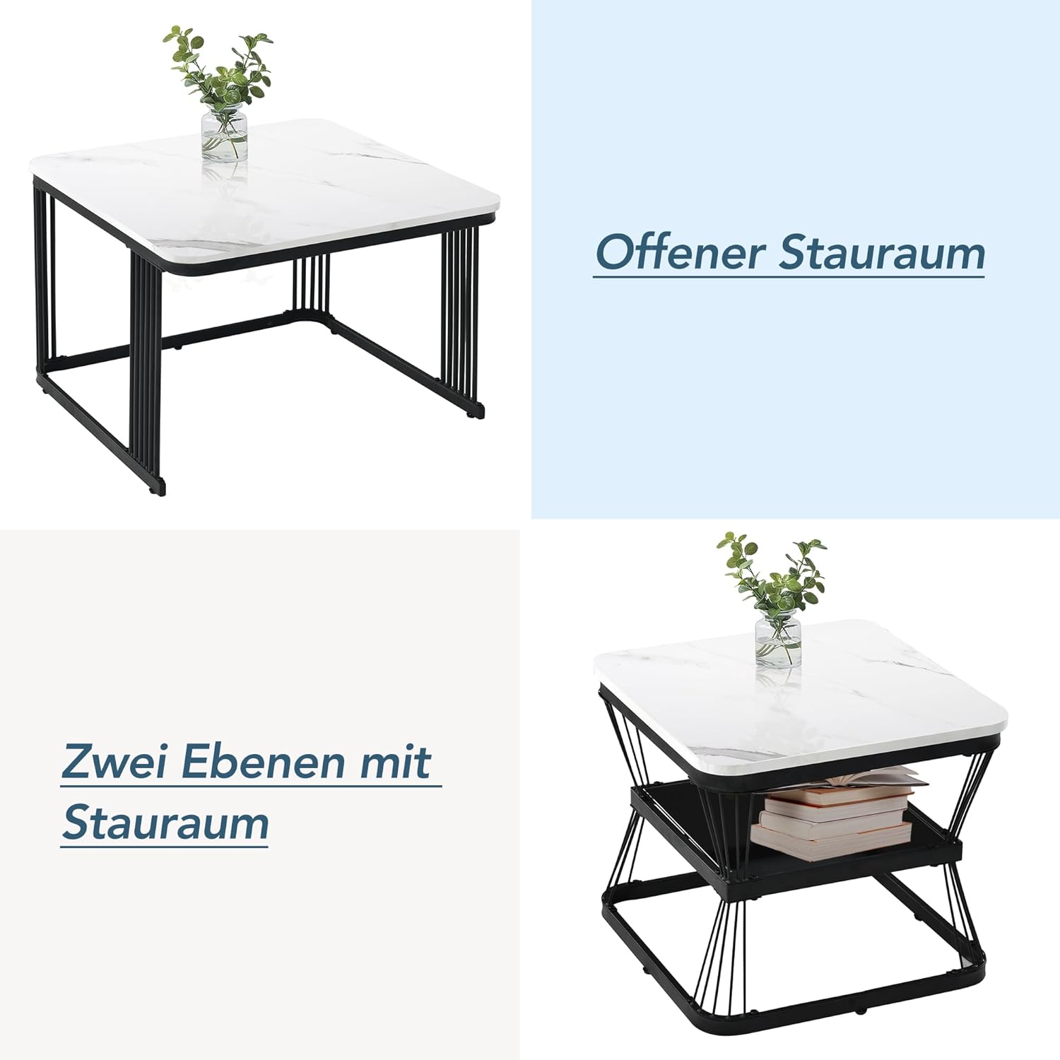 Merax Quadratisch Couchtisch 2er Set, 65cm und 45cm, Moderne Wohnzimmertisch mit Marmoroptik, Hochglänzend Satztisch mit Stauraum, für Wohnzimmer, Balkon und Büro, Metallgestell, Weiß und Schwarz — Ansicht 5