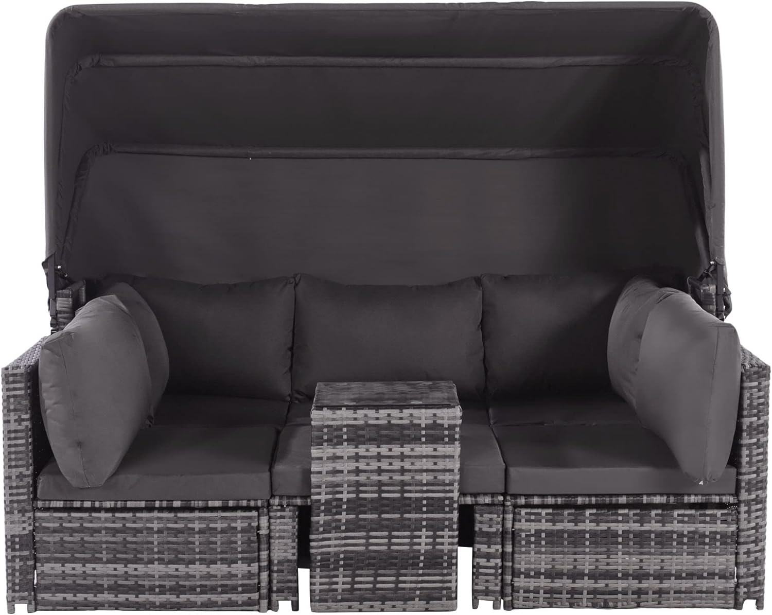 Merax Rattan-Gartenlounge-Set mit Sonnendach: Sofa, Hocker, Sessel und Tisch Allwettergeflecht, Wetterfest, Garten Sofa mit Sonnendach, Terrassenmöbel Sitzgruppe inkl. Kissen und Beistelltisch, Grau — Ansicht 2