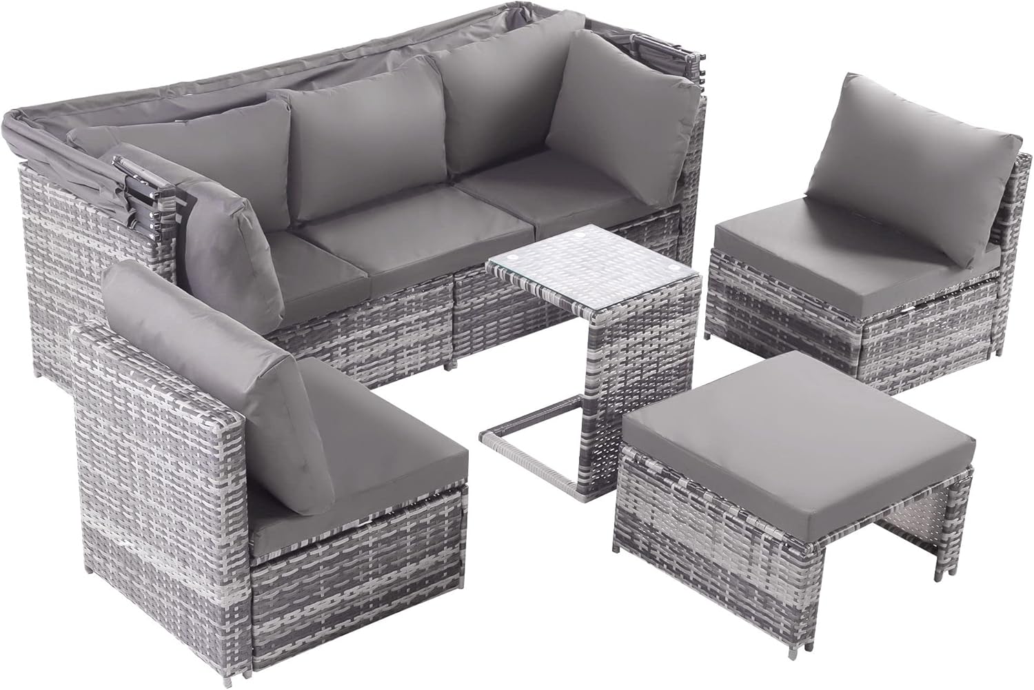 Merax Rattan-Gartenlounge-Set mit Sonnendach: Sofa, Hocker, Sessel und Tisch Allwettergeflecht, Wetterfest, Garten Sofa mit Sonnendach, Terrassenmöbel Sitzgruppe inkl. Kissen und Beistelltisch, Grau — Ansicht 5