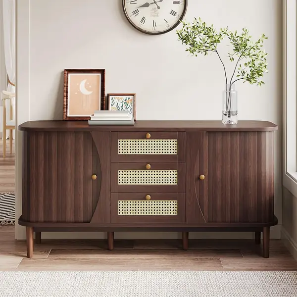 Rattan Sideboard Kommode mit 3 Rattan Schubladen und 2
