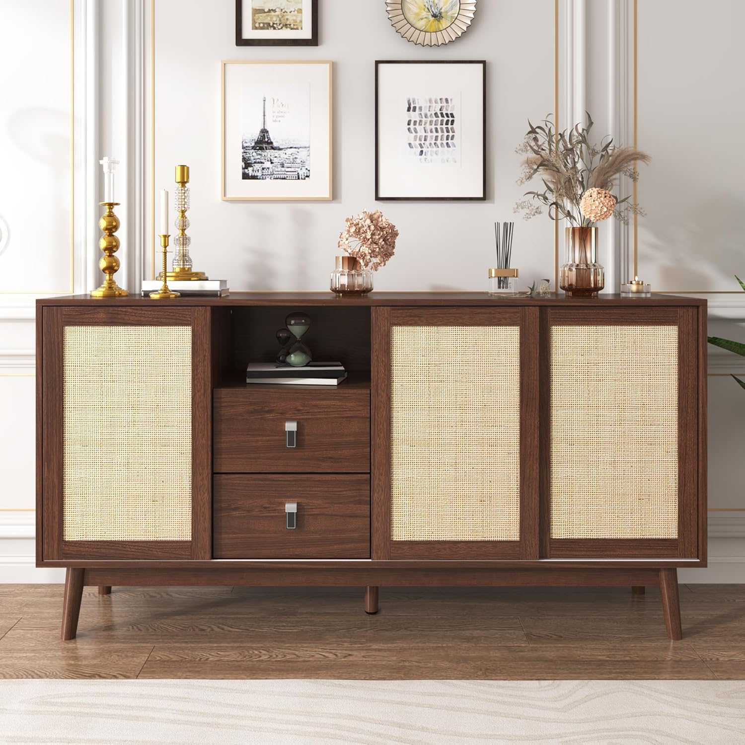 Merax Rattan Sideboard mit 3 Schiebetüren & 2 Schubladen, 155x38x80 cm, Sideboard Kommode mit Stauraum & Massivholzfüßen, Anrichte Wohnzimmer Esszimmer Flur, Schrank modern & stabil