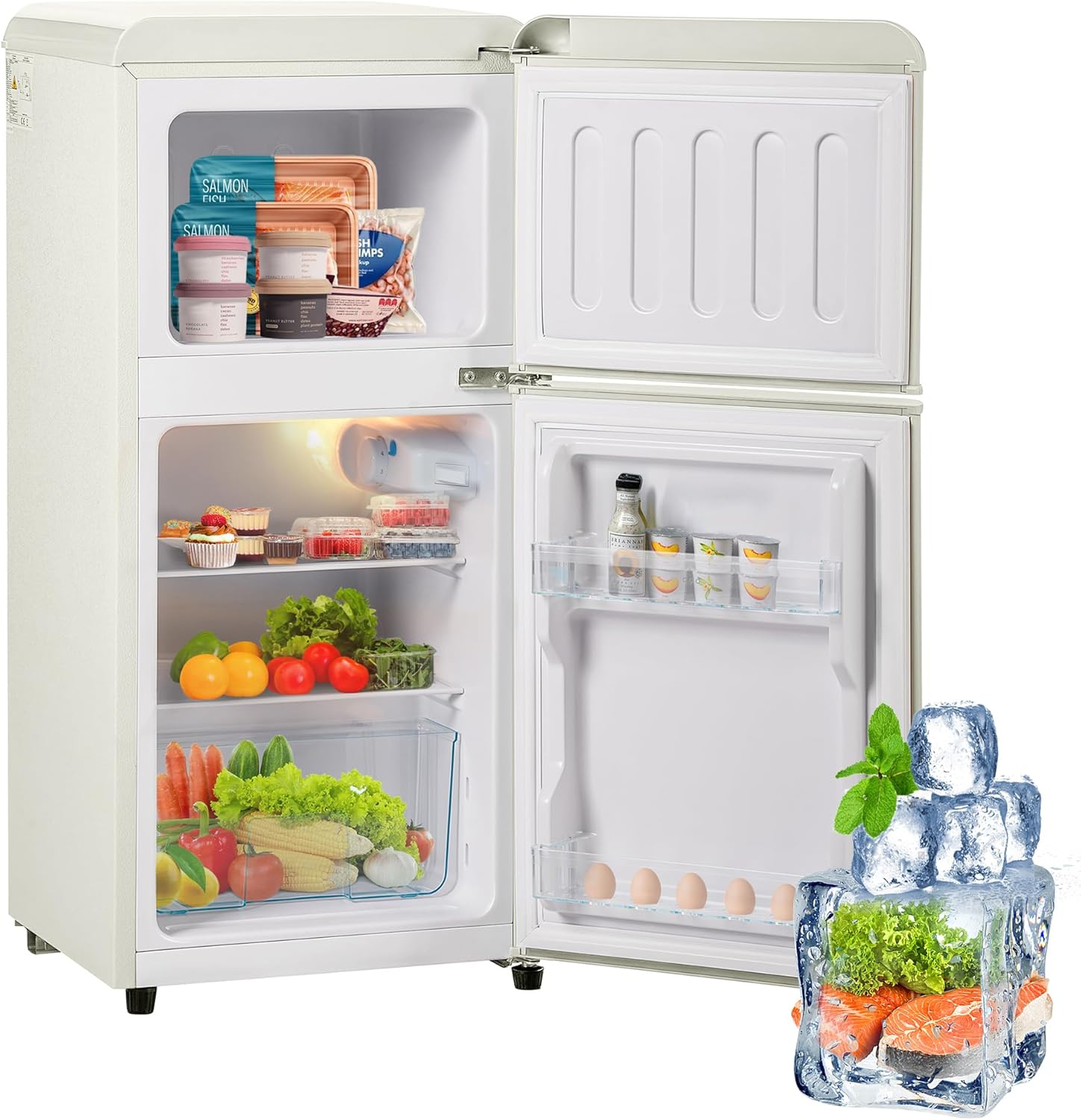 Merax Retro Kühlschrank, 60L Mini-Kühlschrank mit Gefrierschrank,Kühl-Gefrierkombination,22 Liter Gefrierfach, 38 Liter Kühlfach,102 kWh/Jahr, LED-Beleuchtung, cremeweiß