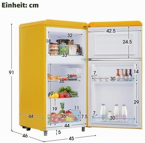Merax Retro Kühlschrank mit Gefrierfach – 72L Mini Kühlschrank, 21L Gefrierfach, 51L Kühlfach, 120 kWh/Jahr, Energieeffizienzklasse E, LED-Licht, Gelb — Ansicht 2