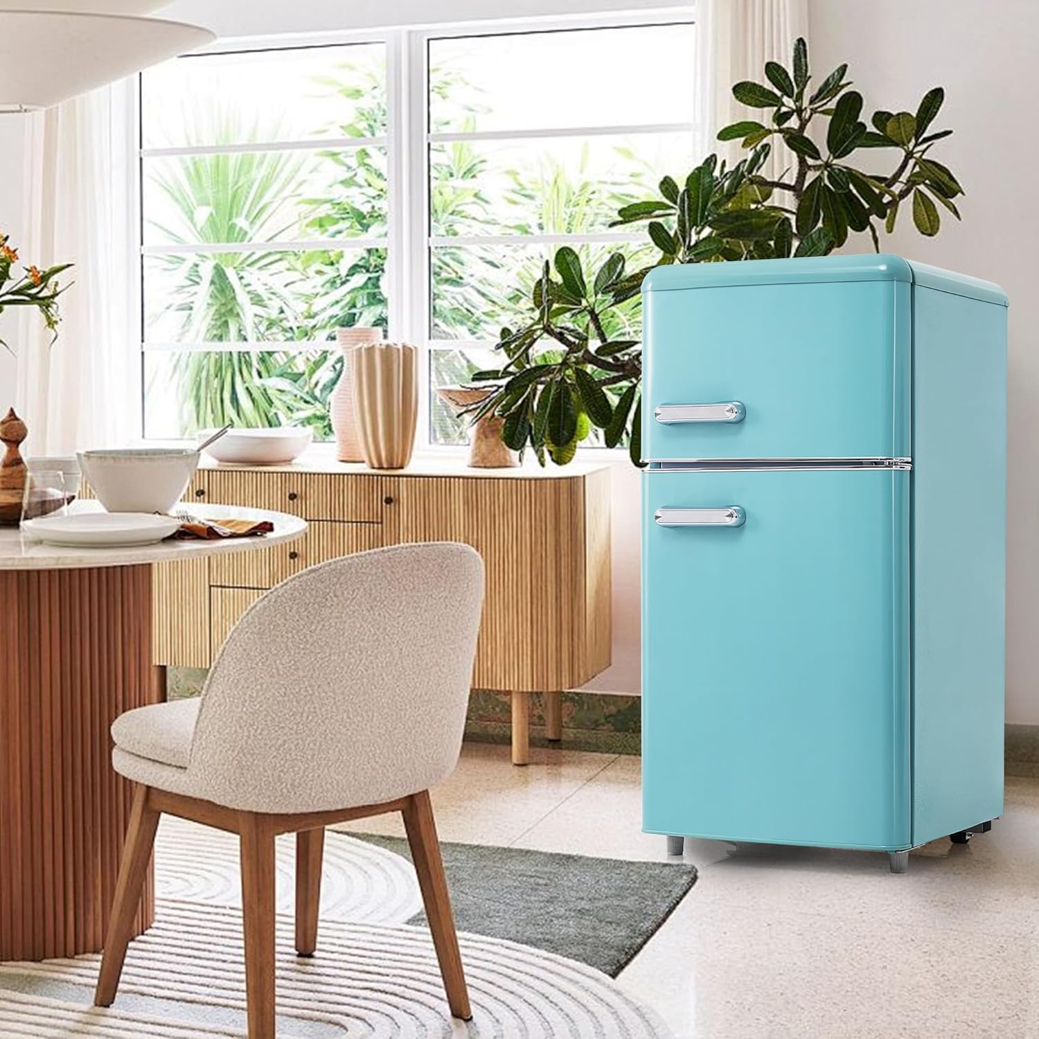 Merax Retro-Kühlschrank Mit Gefrierfach, 72L Mit 21 Liter Gefriervolumen, Klein Mit Gemüsefach, 120 kWh/Jahr, LED-Licht, Cyan — Ansicht 3