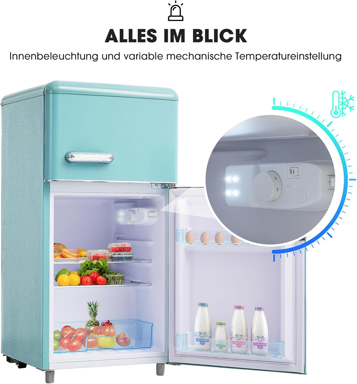 Merax Retro-Kühlschrank Mit Gefrierfach, 72L Mit 21 Liter Gefriervolumen, Klein Mit Gemüsefach, 120 kWh/Jahr, LED-Licht, Cyan — Ansicht 6