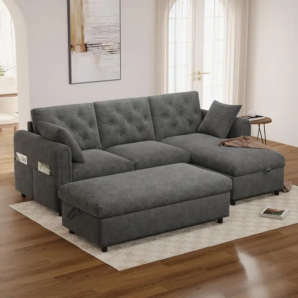 Samtsofa mit Chaise Longue und Fußhocker