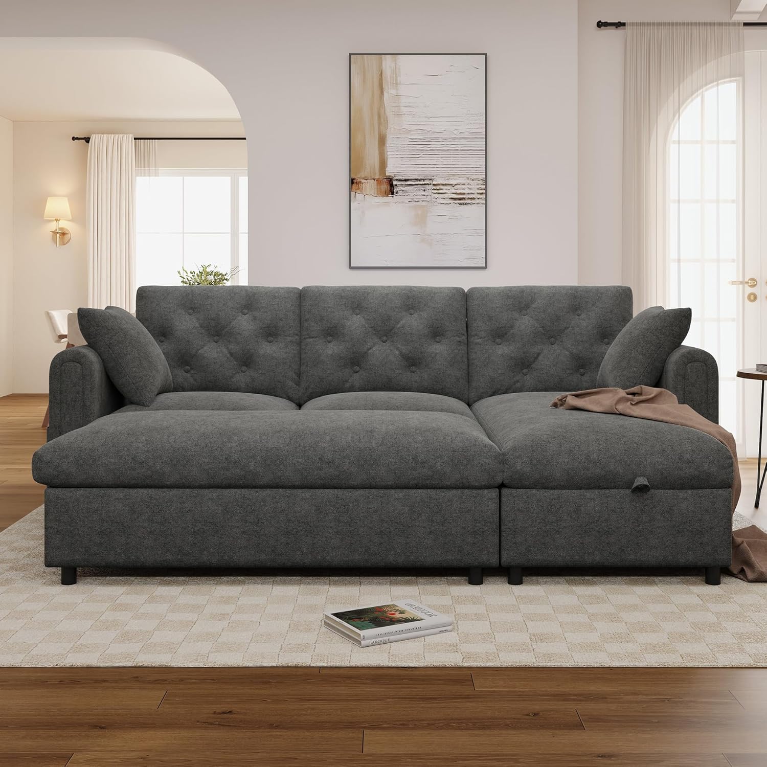 Merax Samtsofa mit Chaise Longue und Fußhocker, Ecksofa mit Stauraum, Wohnlandschaft mit wechselbarer Chaiselongue (Links/rechts), Sofa mit Magazintaschen, Grau, 219 × 131 × 86 cm — Ansicht 4