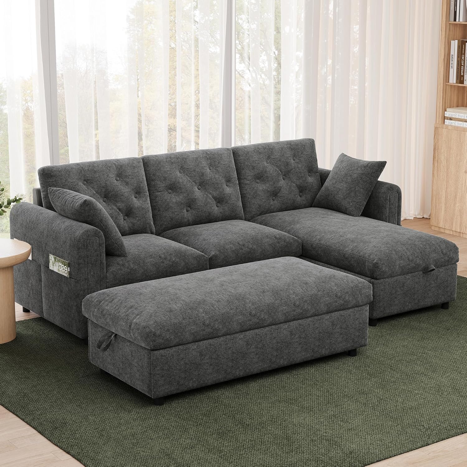 Merax Samtsofa mit Chaise Longue und Fußhocker, Ecksofa mit Stauraum, Wohnlandschaft mit wechselbarer Chaiselongue (Links/rechts), Sofa mit Magazintaschen, Grau, 219 × 131 × 86 cm — Ansicht 5