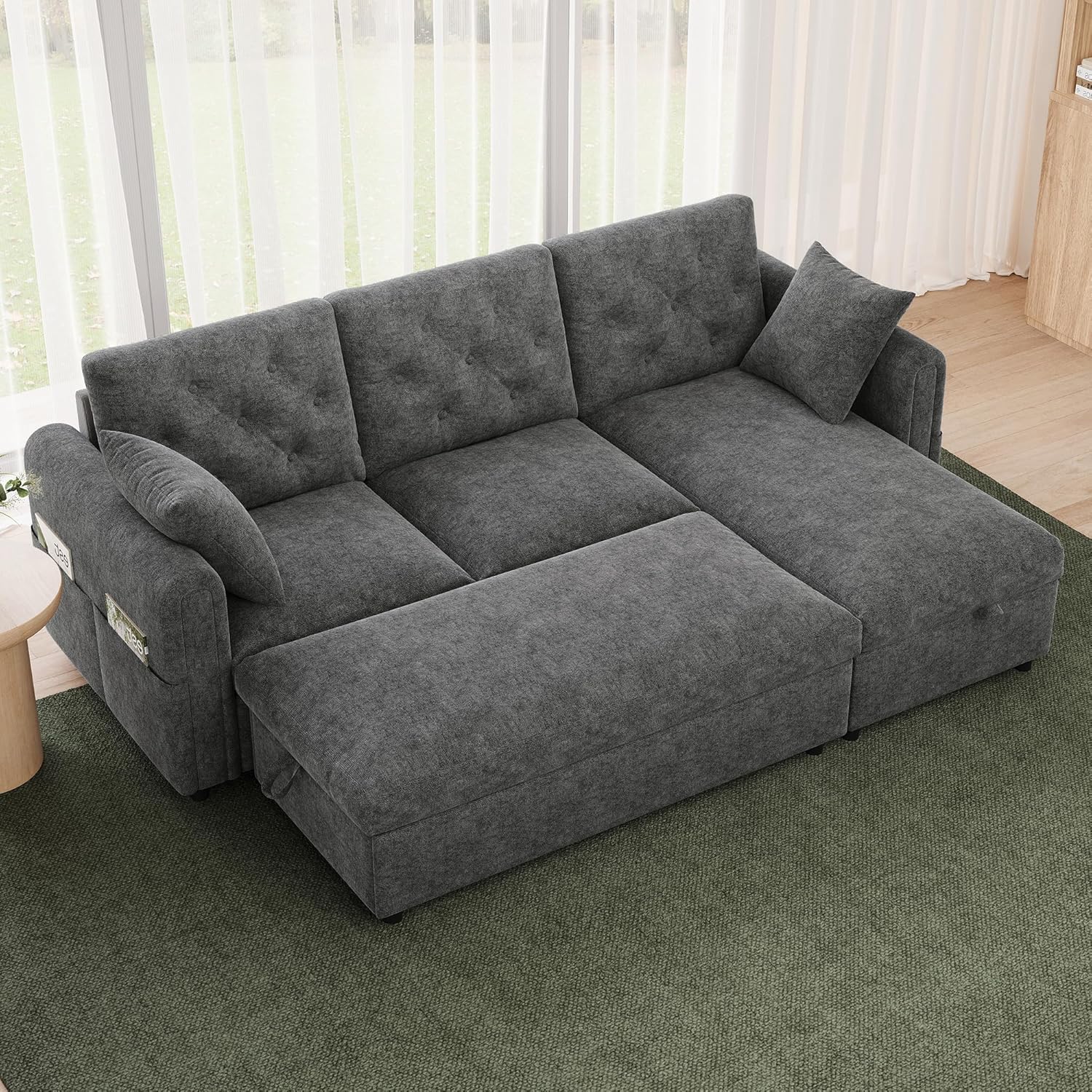 Merax Samtsofa mit Chaise Longue und Fußhocker, Ecksofa mit Stauraum, Wohnlandschaft mit wechselbarer Chaiselongue (Links/rechts), Sofa mit Magazintaschen, Grau, 219 × 131 × 86 cm — Ansicht 6