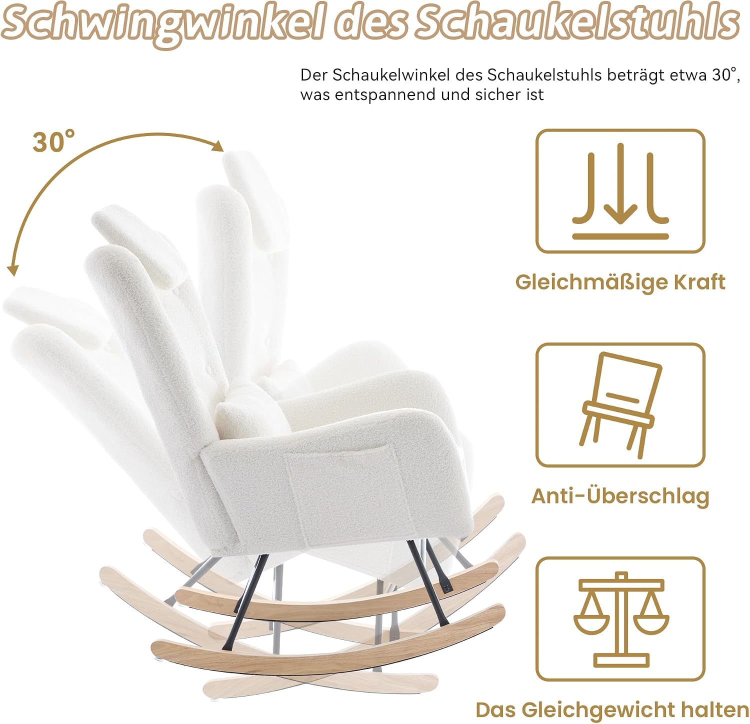 Merax Schaukelstuhl mit Hocker, Sessel Schaukelsessel mit Armlehnen, Relaxsessel aus Teddysamtstoff, Moderner Relaxstuhl, bis 100 kg belastbar, für Wohnzimmer und Schlafzimmer — Ansicht 4