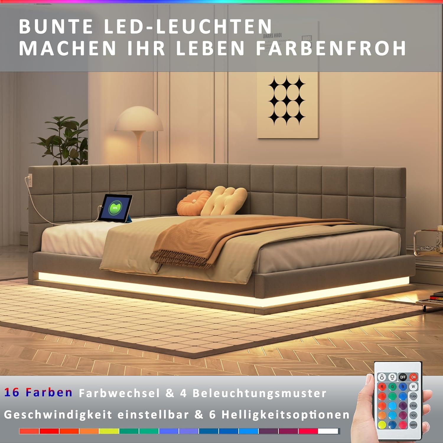 Merax Schlafcouch 140 x 200 cm, Schlaffunktion Schlafsofa mit LED Lichtleiste, USB Steckdose, Polsterbett 2 Sitzer mit Lattenrost, Samtstoff, Gris (Ohne Matratze) — Ansicht 3