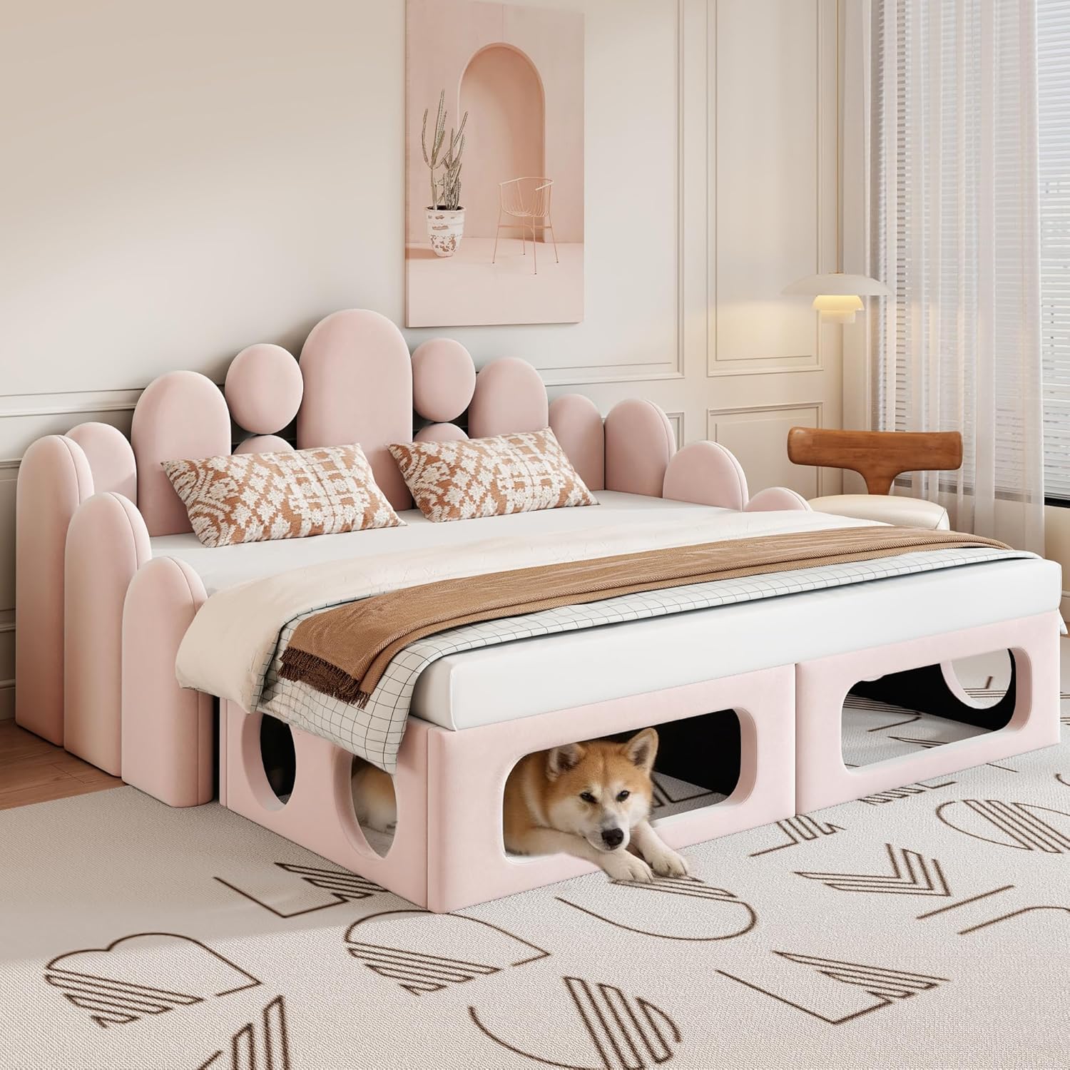 Merax Schlafsofa 180x200 cm mit Bettfunktion, Polsterbett 2-in-1 mit Lattenrost und Rückenlehne, Samt Polstersofa, Ausziehbares Bett, Multifunktionales Sofa Bett für Wohnzimmer Schlafzimmer, Rosa