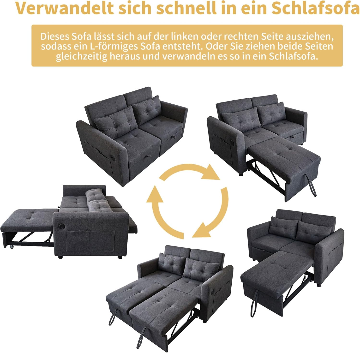 Merax Schlafsofa 2-Sitzer Sofa mit Schlaffunktion, Klappbares 3-in-1 Schlafcouch mit Verstellbarer Rückenlehne, USB-Anschlüssen und Armlehnentaschen, Grau 142 x 85 x 83 cm — Ansicht 4