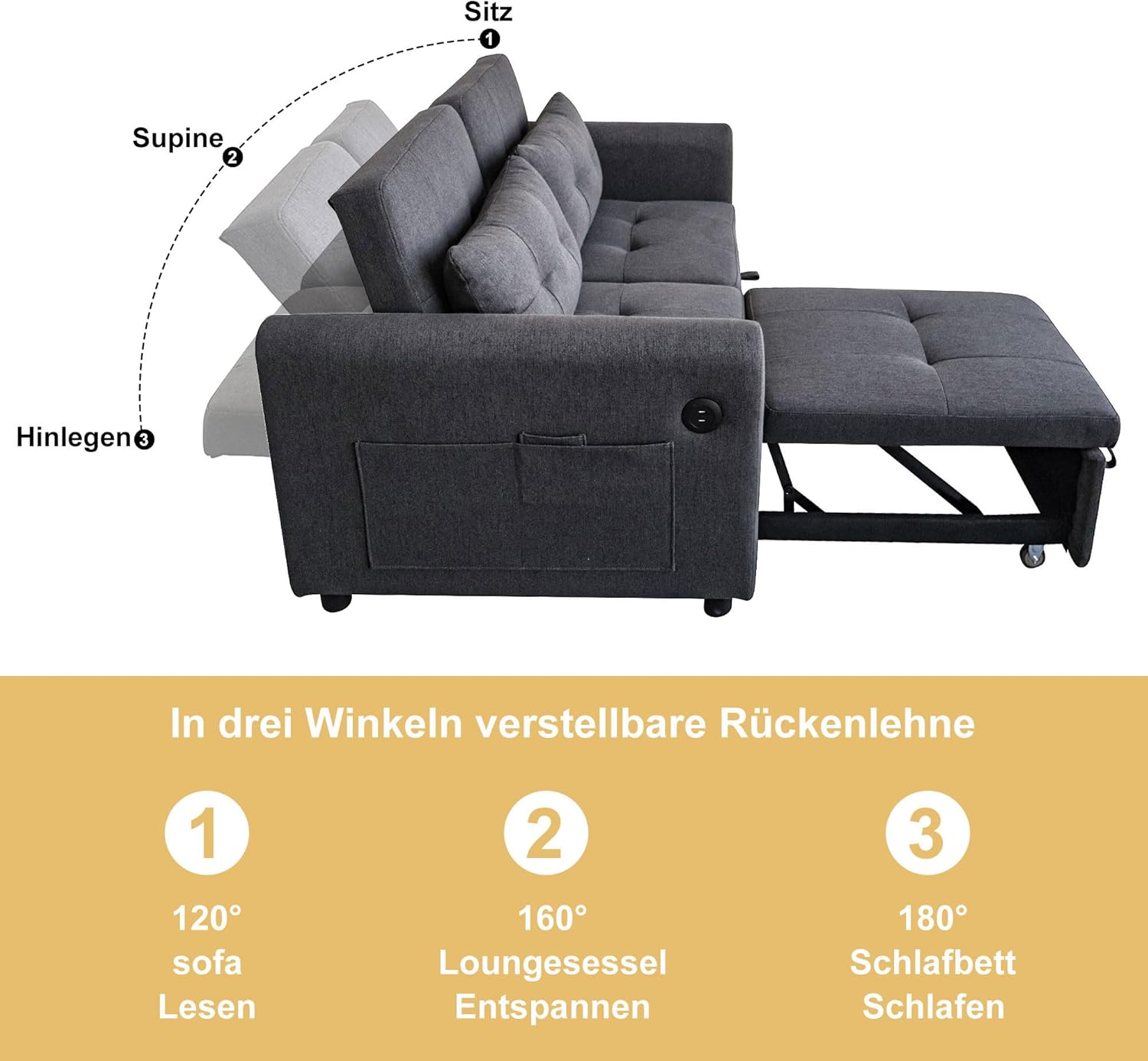 Merax Schlafsofa 2-Sitzer Sofa mit Schlaffunktion, Klappbares 3-in-1 Schlafcouch mit Verstellbarer Rückenlehne, USB-Anschlüssen und Armlehnentaschen, Grau 142 x 85 x 83 cm — Ansicht 5