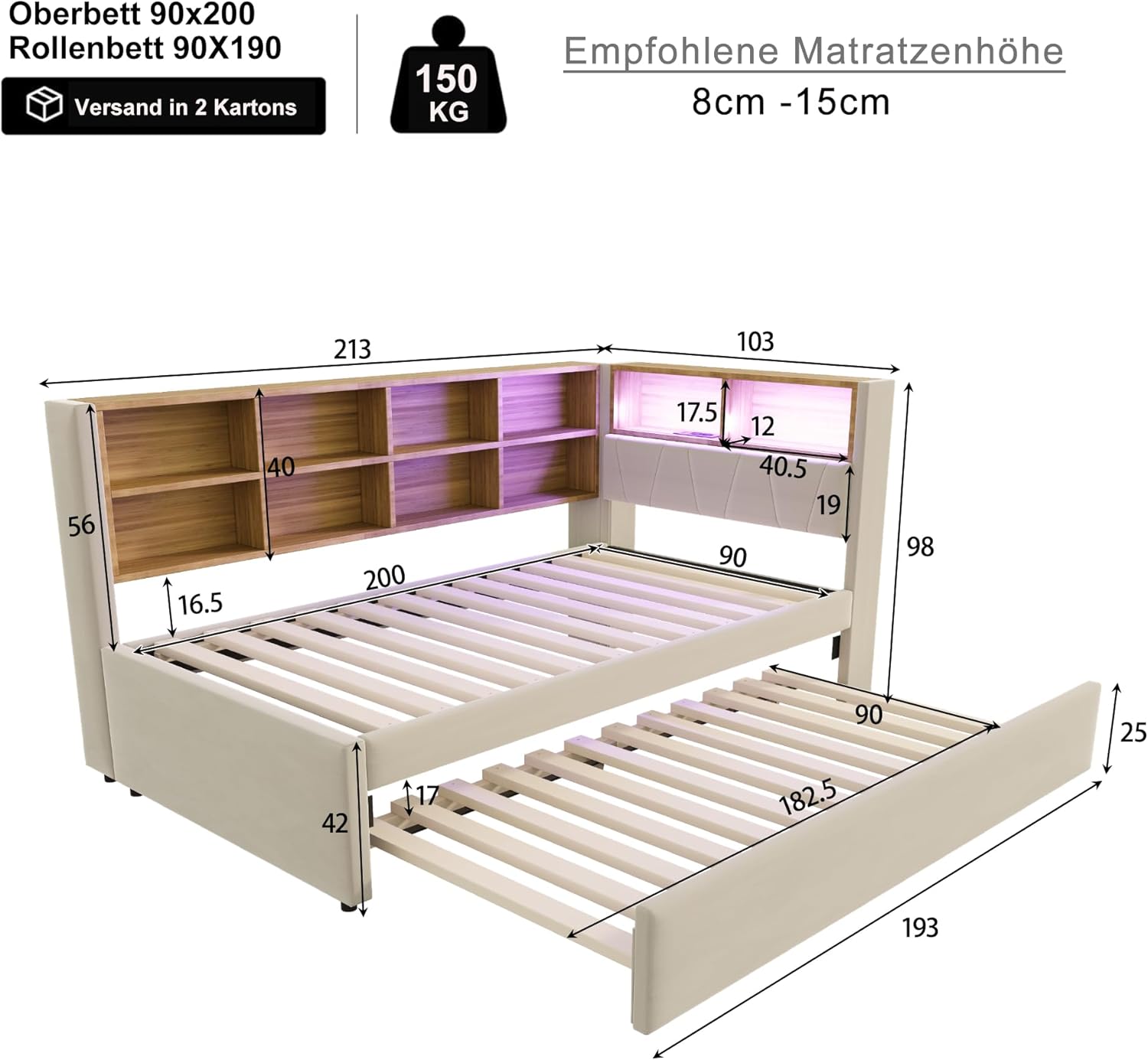 Merax Schlafsofa 90 x 200 cm, mit Ausziehbett 90 x 190 cm, Schlafcouch Ausziehbar mit LED Leuchten und Ablagefächern, Flanell, Beige (Ohne Matratze) — Ansicht 2