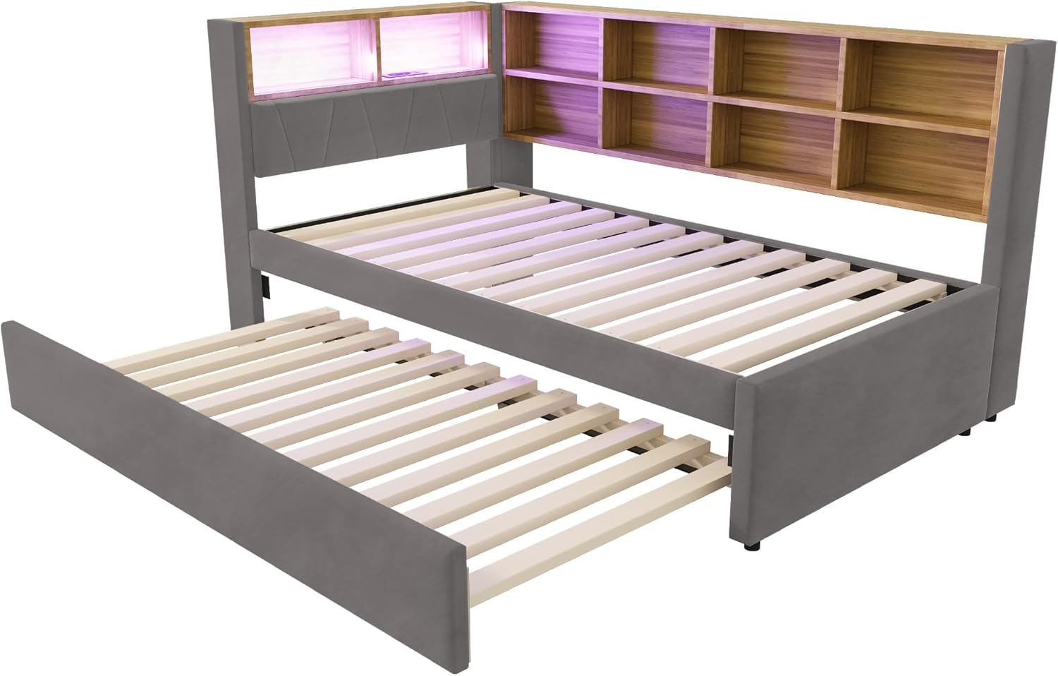 Merax Schlafsofa 90x200 cm, mit Ausziehbett 90x190 cm, LED-Leuchten, Steckdosen & USB/Type-C-Anschlüssen, Polsterbett mit viel Stauraum & Ablagefächern, Flanellbezug, Dunkelgrau (ohne Matratze) — Ansicht 6