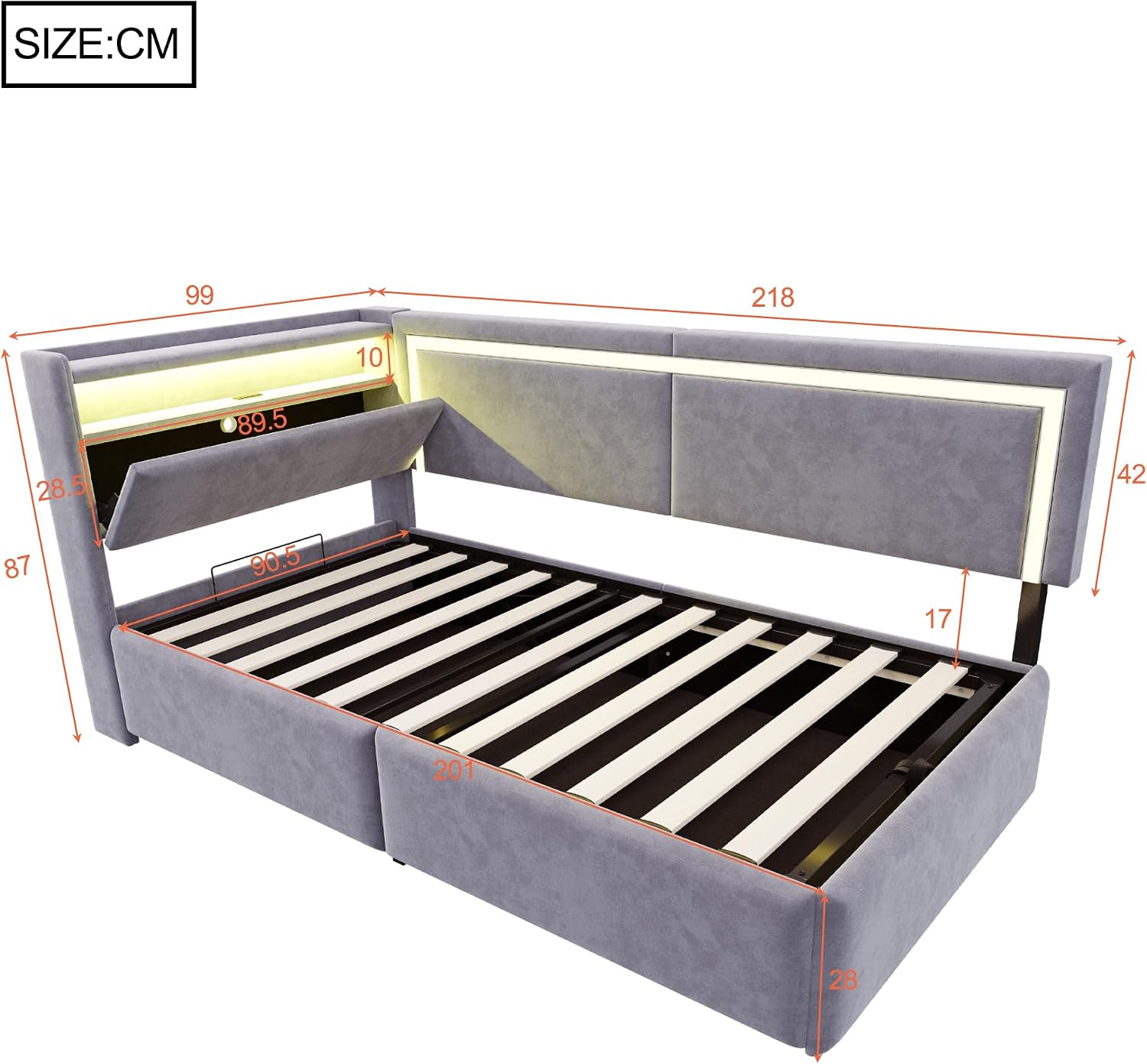 Merax Schlafsofa 90x200 cm, mit LED-Beleuchtung und USB, Kopfteil mit Stauraum und klappbarer Funktion, Hydraulischer Bettkasten, Lattenrost, Samtstoff, Hellgrau (ohne Matratze) — Ansicht 2