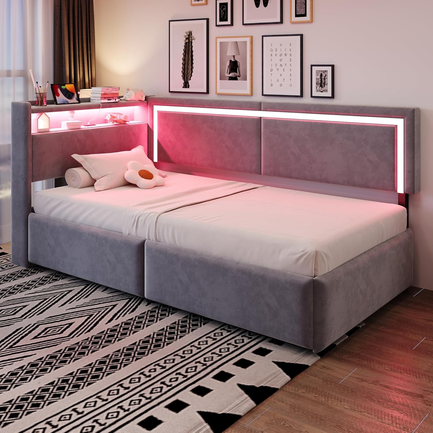 Merax Schlafsofa 90x200 cm, mit LED-Beleuchtung und USB, Kopfteil mit Stauraum und klappbarer Funktion, Hydraulischer Bettkasten, Lattenrost, Samtstoff, Hellgrau (ohne Matratze) — Ansicht 3