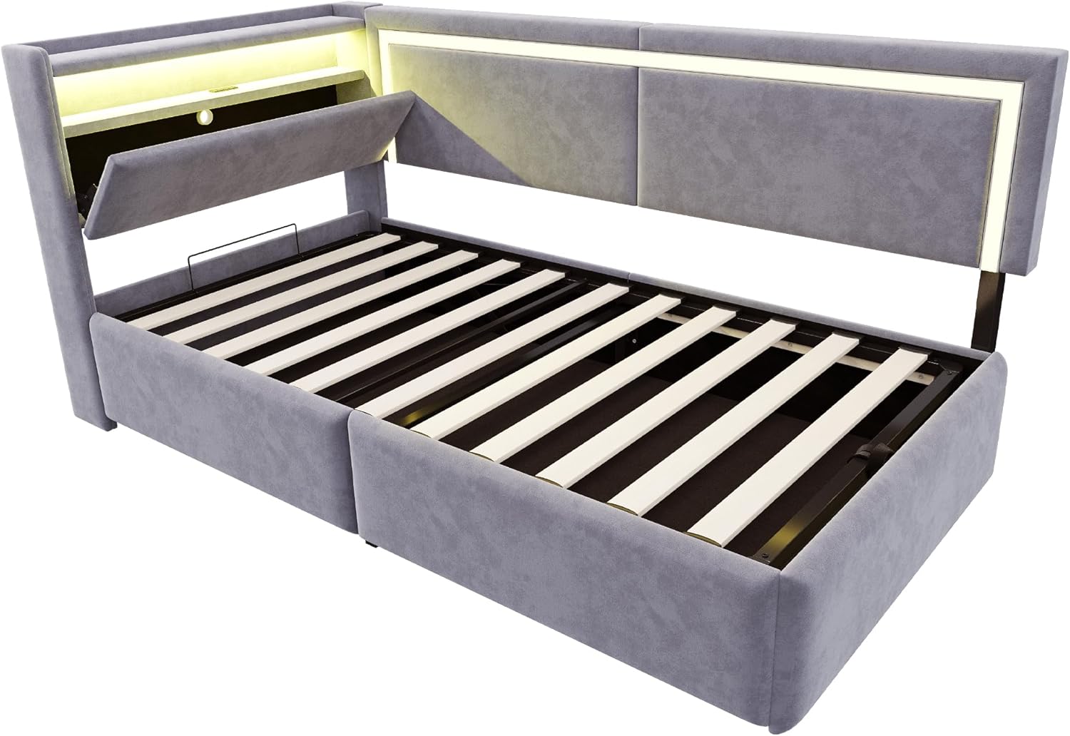 Merax Schlafsofa 90x200 cm, mit LED-Beleuchtung und USB, Kopfteil mit Stauraum und klappbarer Funktion, Hydraulischer Bettkasten, Lattenrost, Samtstoff, Hellgrau (ohne Matratze) — Ansicht 5