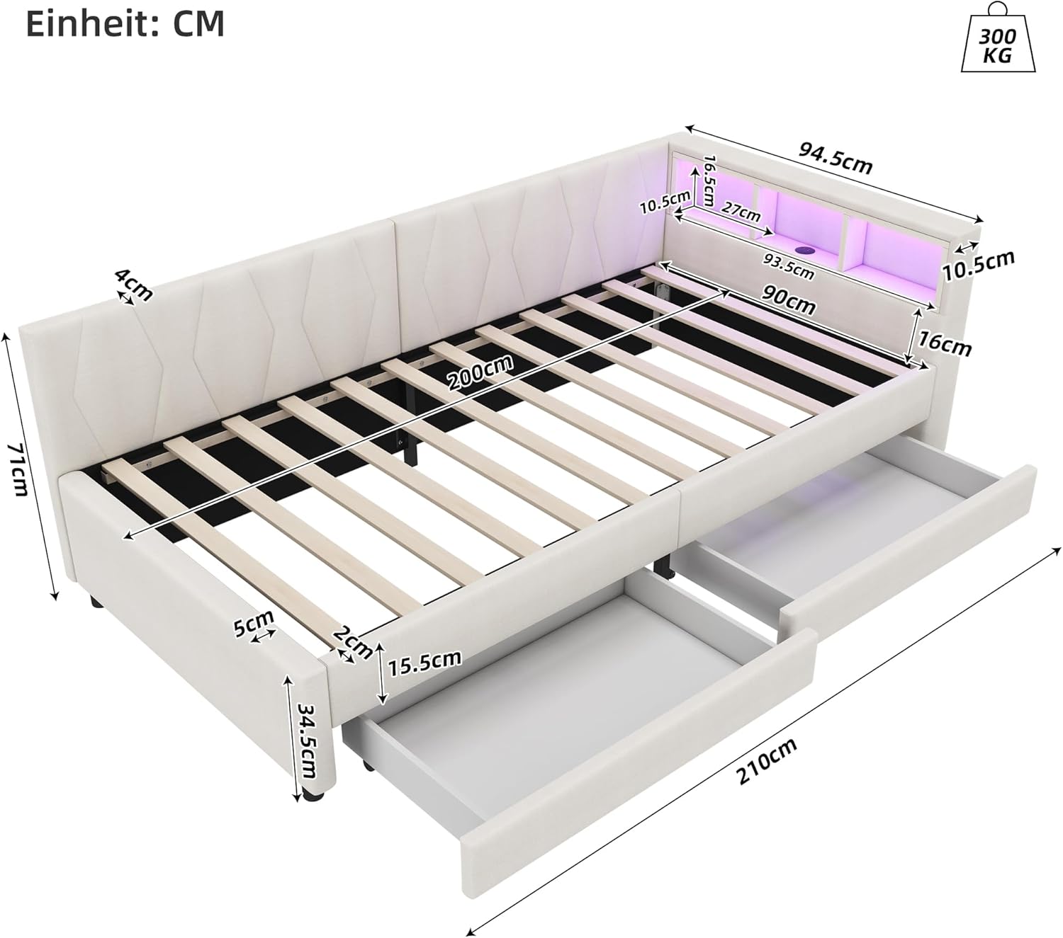 Merax Schlafsofa Tagesbett 90x200 cm mit Zwei Schubladen, LED-Lichtstreifen, USB+Type-C, Ablagefach am Bett, Bettrahmen mit Lattenrost (ohne Matratze), Leinen, Beige — Ansicht 2