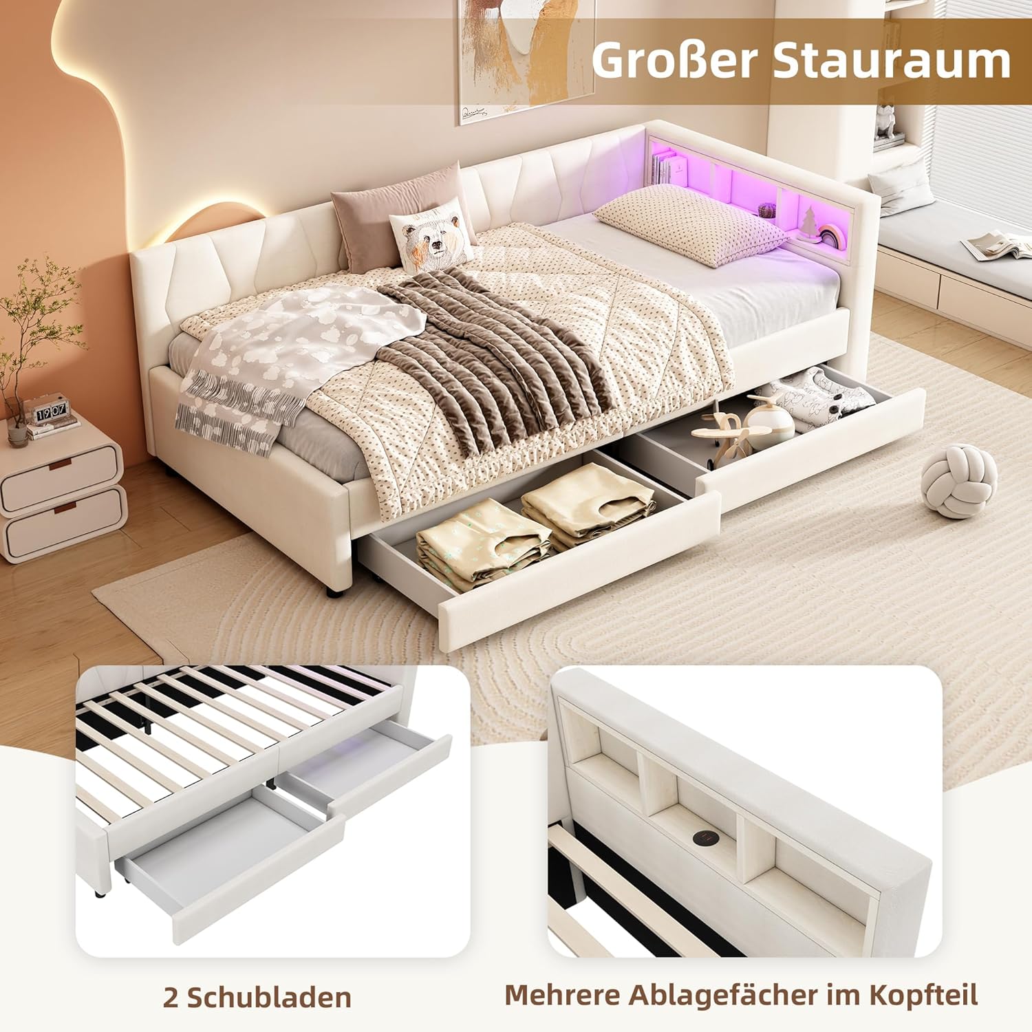 Merax Schlafsofa Tagesbett 90x200 cm mit Zwei Schubladen, LED-Lichtstreifen, USB+Type-C, Ablagefach am Bett, Bettrahmen mit Lattenrost (ohne Matratze), Leinen, Beige — Ansicht 5