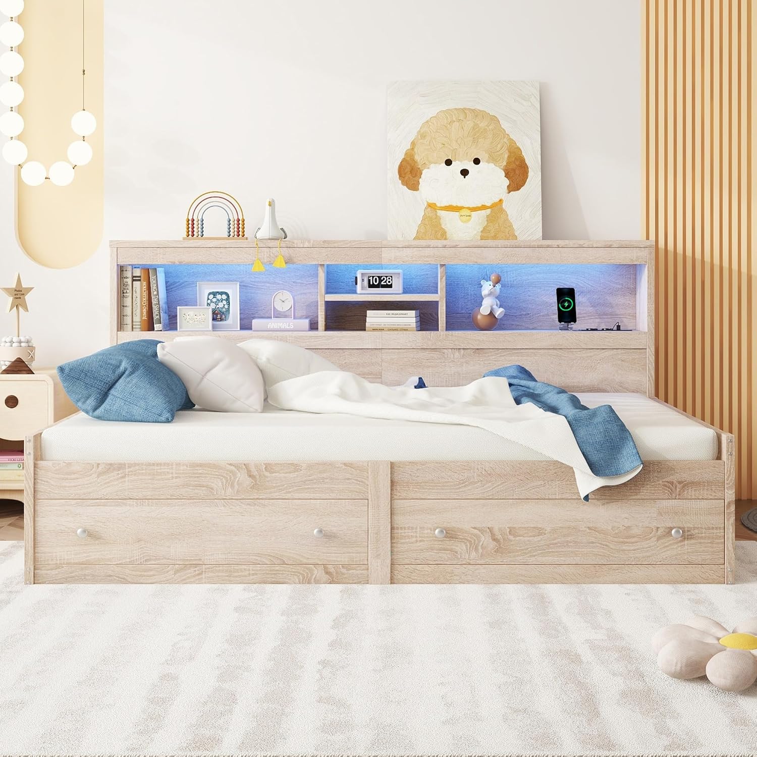 Merax Schlafsofa Tagesbett 90x200 mit Stauraum, Funktionsbett mit 2 Schubladen, USB-Ladebuchsen, Holzbett Bettrahmen mit Lattenrost (ohne Matratze), für Wohnzimmer/Schlafzimmer/Gästezimmer, Natur — Ansicht 3