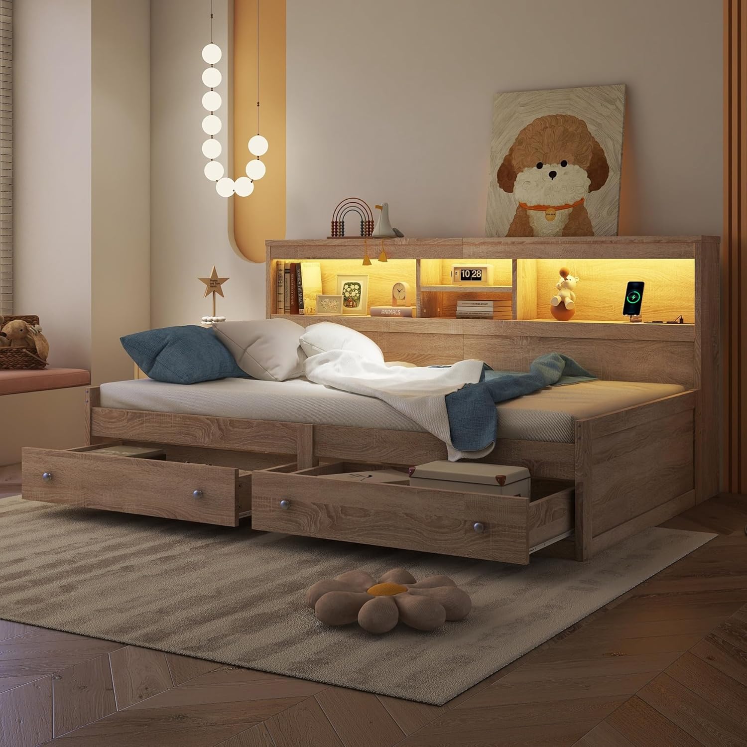 Merax Schlafsofa Tagesbett 90x200 mit Stauraum, Funktionsbett mit 2 Schubladen, USB-Ladebuchsen, Holzbett Bettrahmen mit Lattenrost (ohne Matratze), für Wohnzimmer/Schlafzimmer/Gästezimmer, Natur — Ansicht 4
