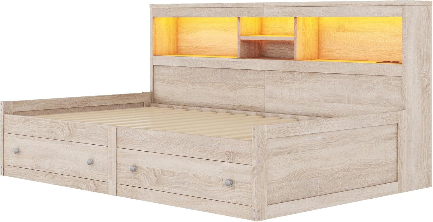 Merax Schlafsofa Tagesbett 90x200 mit Stauraum, Funktionsbett mit 2 Schubladen, USB-Ladebuchsen, Holzbett Bettrahmen mit Lattenrost (ohne Matratze), für Wohnzimmer/Schlafzimmer/Gästezimmer, Natur — Ansicht 5