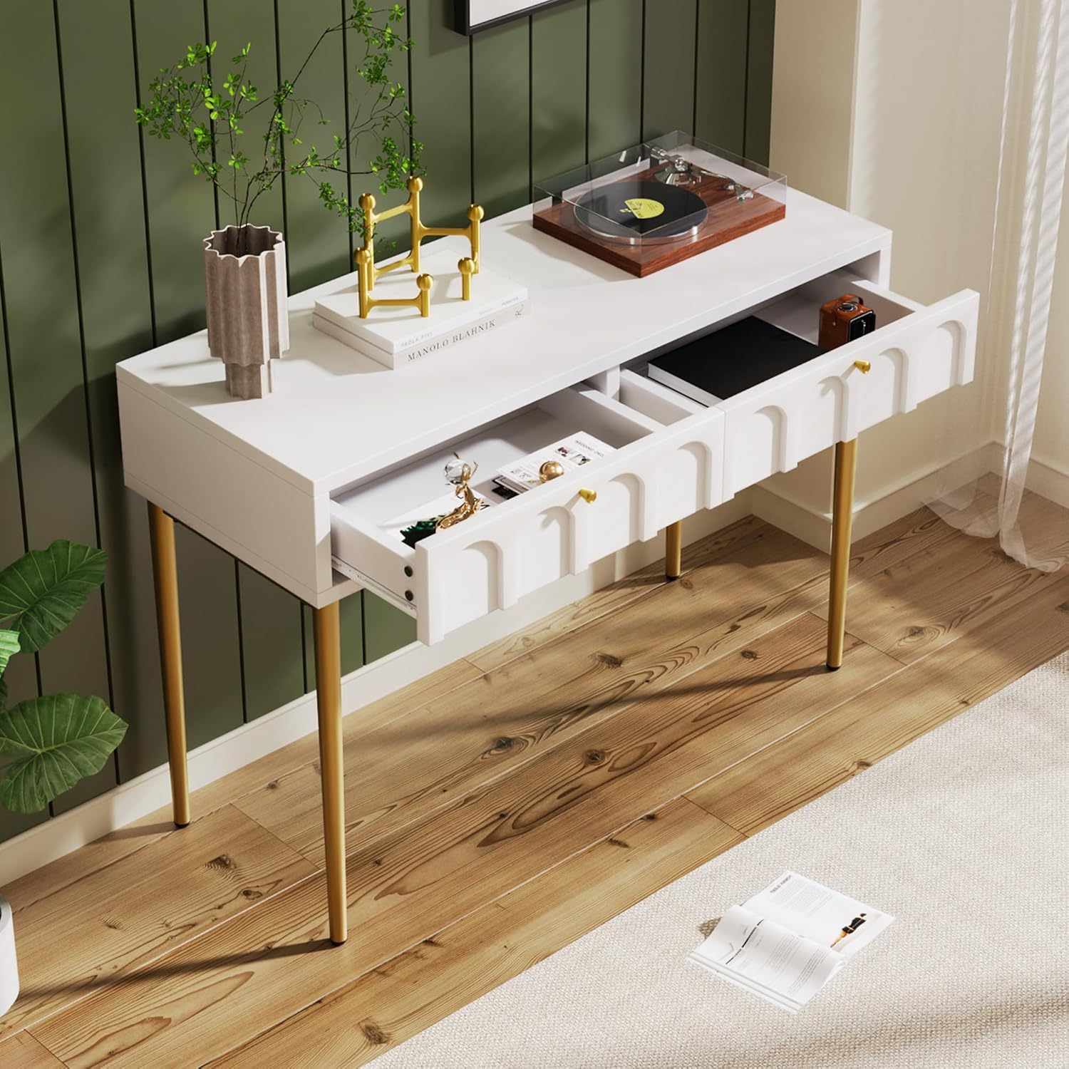 Merax Schminktisch mit 2 Schubladen, weiß Frisiertisch Kommode, Schlafzimmer Kosmetiktisch mit Stauraum, Moderne Home-Office-Schreibtisch, goldene Metallbeine, für kleine Räume Make-up, 100x45x76,5cm — Ansicht 3