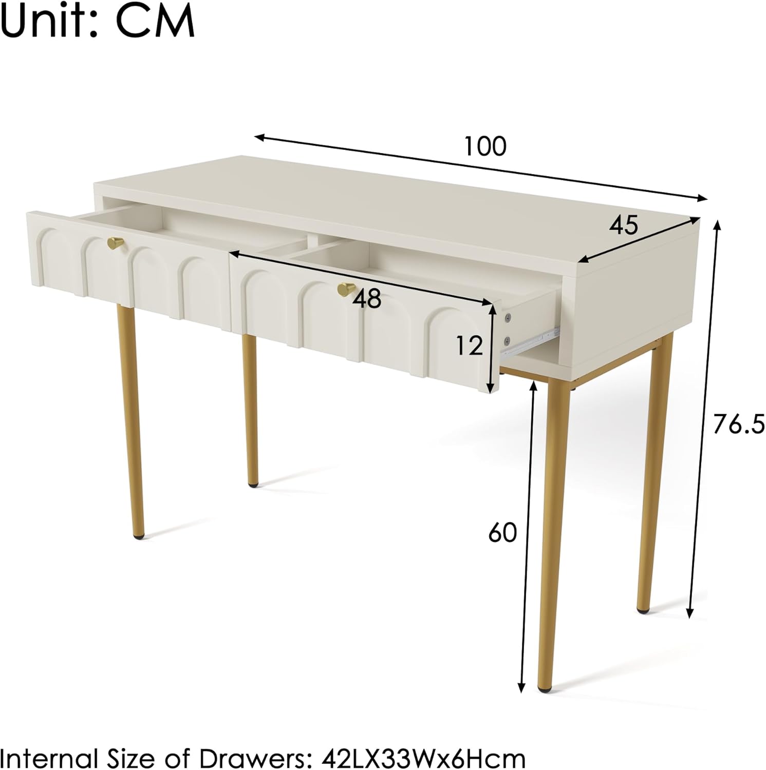 Merax Schminktisch mit 2 Schubladen, weiß Frisiertisch Kommode, Schlafzimmer Kosmetiktisch mit Stauraum, Moderne Home-Office-Schreibtisch, goldene Metallbeine, für kleine Räume Make-up, 100x45x76,5cm — Ansicht 4